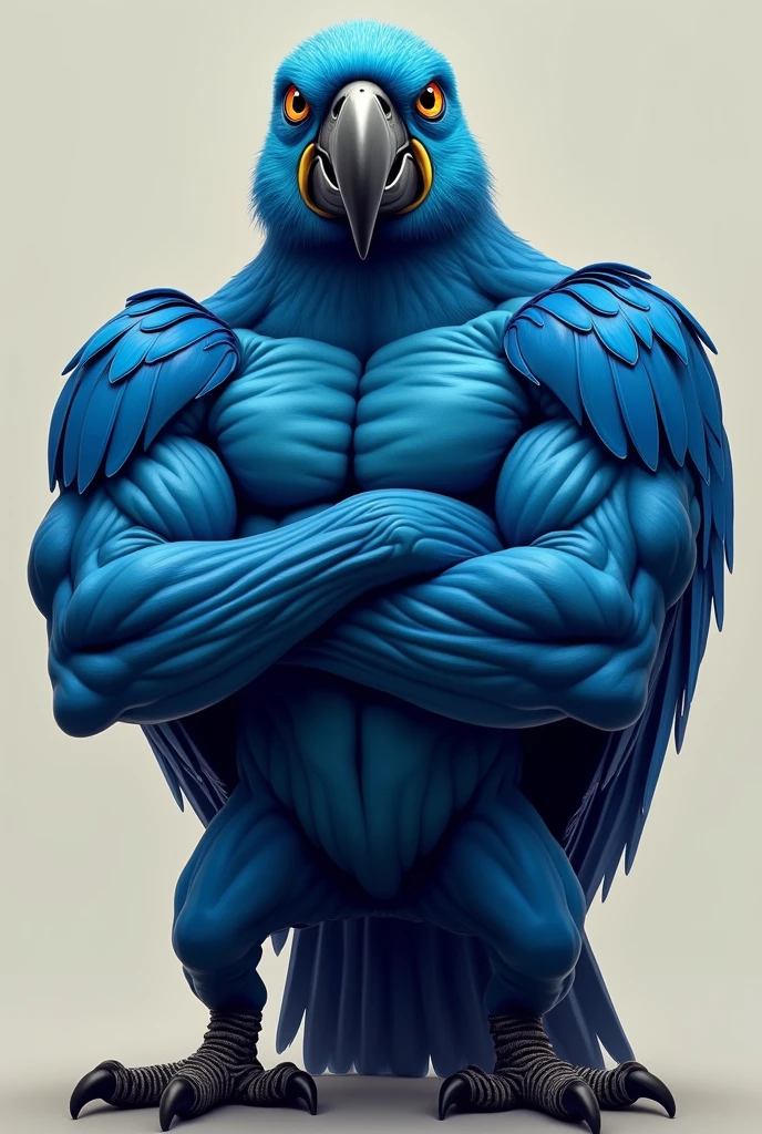 make an animation art of a muscular macaw ON THE BODY OF A BLUE MACAW, very angry macaw with anger in its eyes IN DRAWING