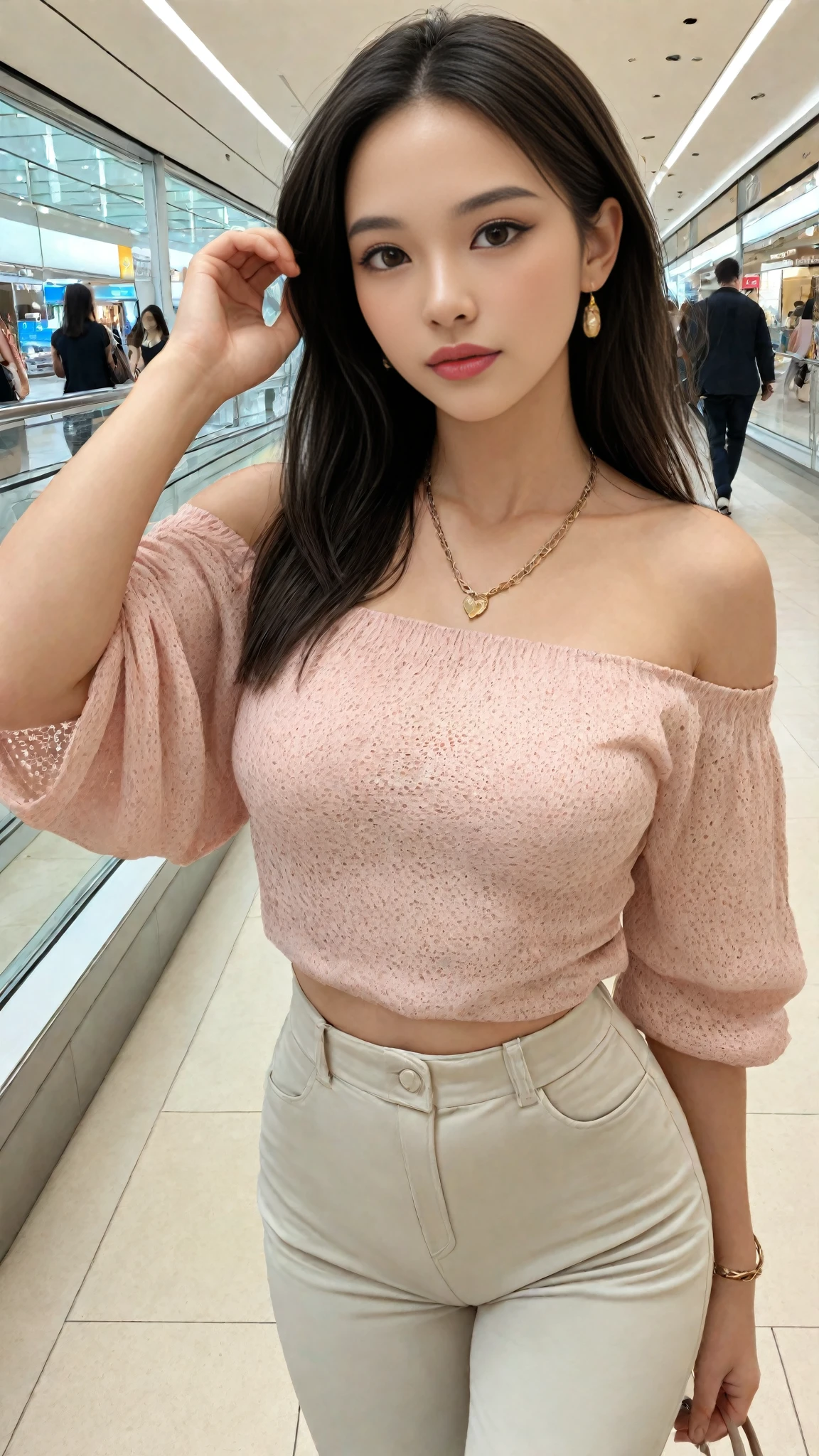 Cute Teen Idol Girl、whole body、Good style、、、、、、、、、、Thick legs、Shiny pink tight dress(Silver Shirt、Off the shoulder)、、Cool girl face、、Cool Belt