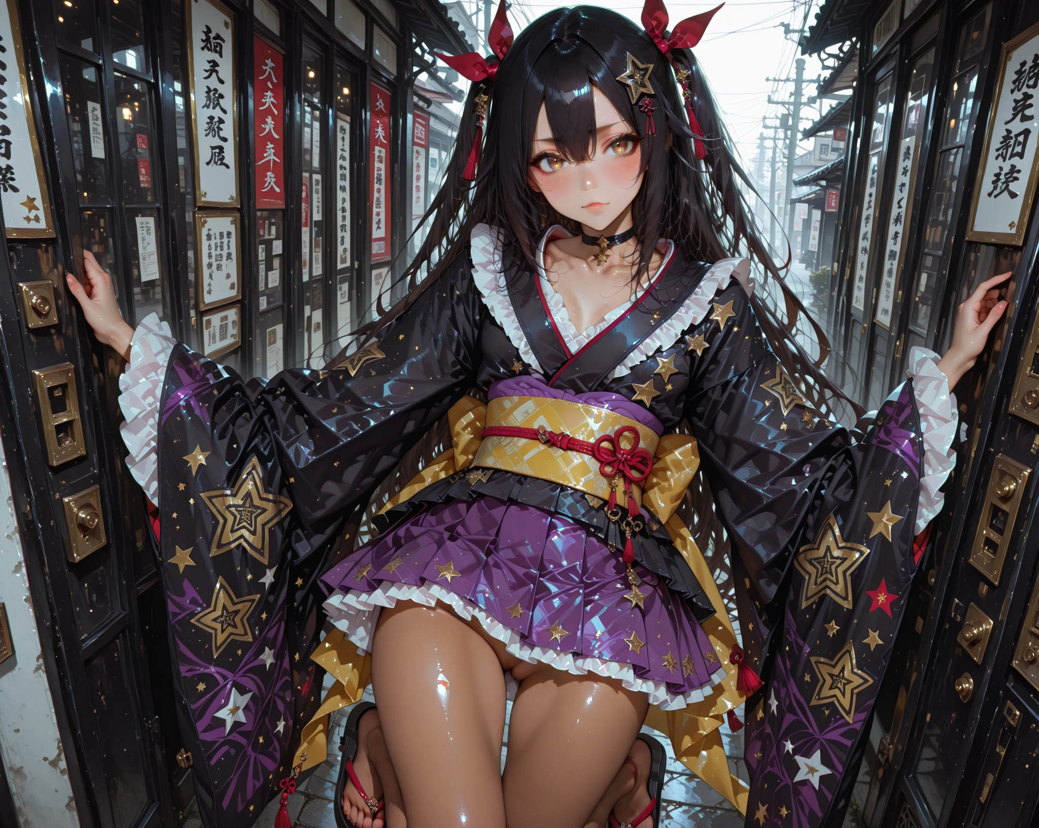 Upper body、One Girl、Has pink and black hair、Hair Bun、topless、No clothes、Full nudity,Cleavage、Japanese anime style,By the pool、Night Scenery、Beautiful fireworks in the night sky、