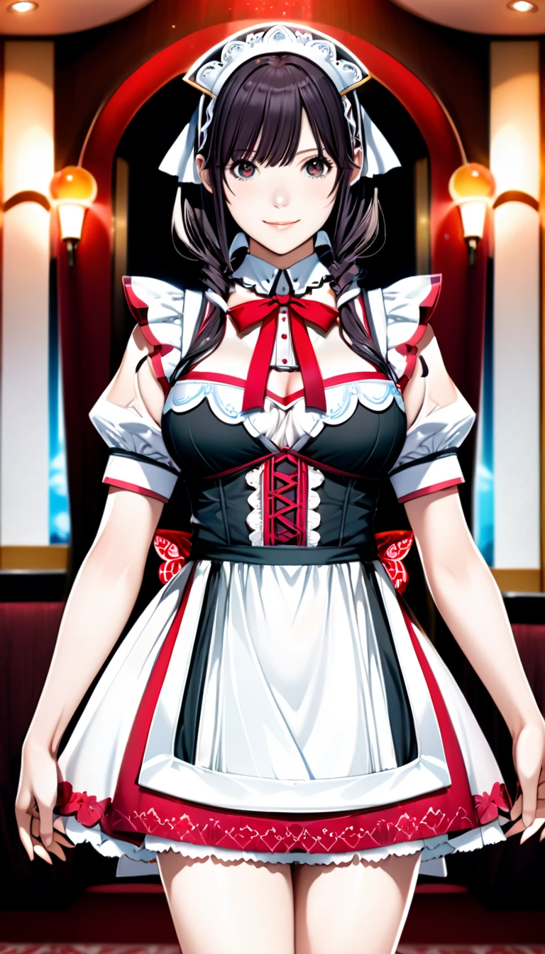 best quality, masterpiece, highres, solo, {maid:1.40}, {long maid dress:1.15}, {vipere_birdiewinggolfgirlsstory:1.15}, black_hair, jewelry, makeup, red_eyes, open_mouth, long_hair, lipstick, necklace, bangs, earrings, blunt_bangs, multicolored_hair, breasts