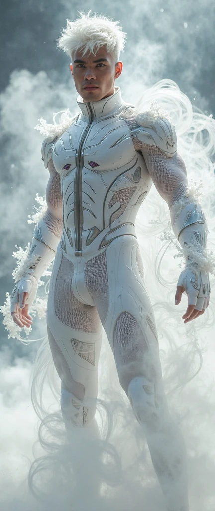  Full body photorealistic handsome hunky masculine Legion white messy haired fractal white skinned young Jack Frost,,unreal engine, extremely attractive male wearing white scales very transparent see through mesh latex spandex,, with belt and gloves,, extremely masculine physique, intricately detailed, super duper bulge, realistic skin, short tousled hair, futuristic snowy city as background