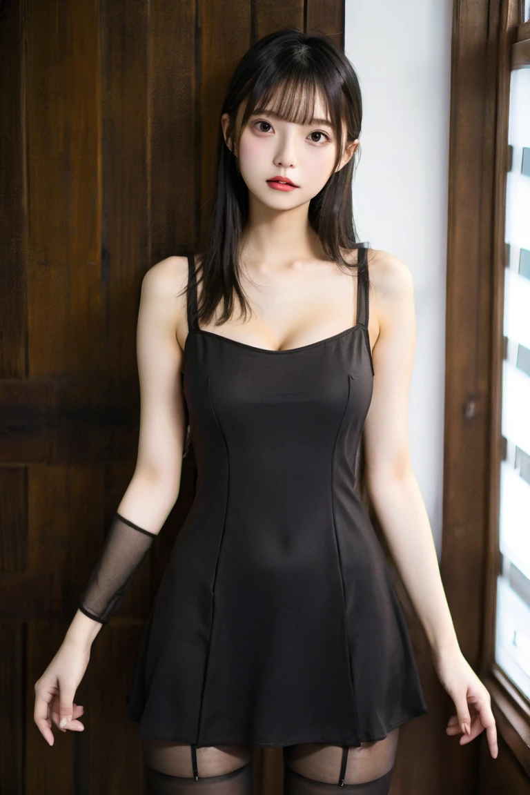 (best quality, masterpiece:1.3), (actual, photo actual:1.3), ultra high resolution, ultra high definition, Extremely detailed CG unified 8k wallpaper, (actual skin, Delicate skin), (perfect anatomy), (official art, Beautiful and beautiful), (generous smile:1.3), (seductive face:1.3), (korean woman:1.3), alone, depth of field, in a park,(big breasts:1.1),(medium full shot:1.5),(sheer fashion dress:1.3), (curvy hips:1.1), (collar), (naturally look at camera:1.3), (blunt bangs:1.5), (stockings)