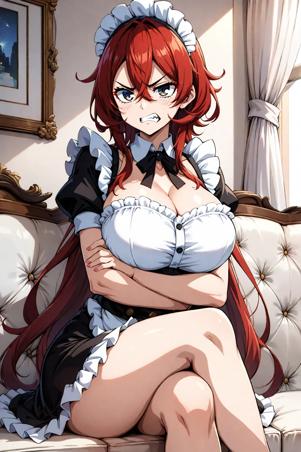 hmanga, (best quality, masterpiece:1.2), ultra detailed, (anime), 1girl, Erza Scarlet \(Fairy Tail\), fake animal ears, cat ears, paw gloves, bare shoulders, looking at viewer, collarbone, brown eyes, smile, neck bell, animal hands, collar, hair over one eye, cleavage, red hair, long hair, standing, (looking at viewer), (front view), room, full body,