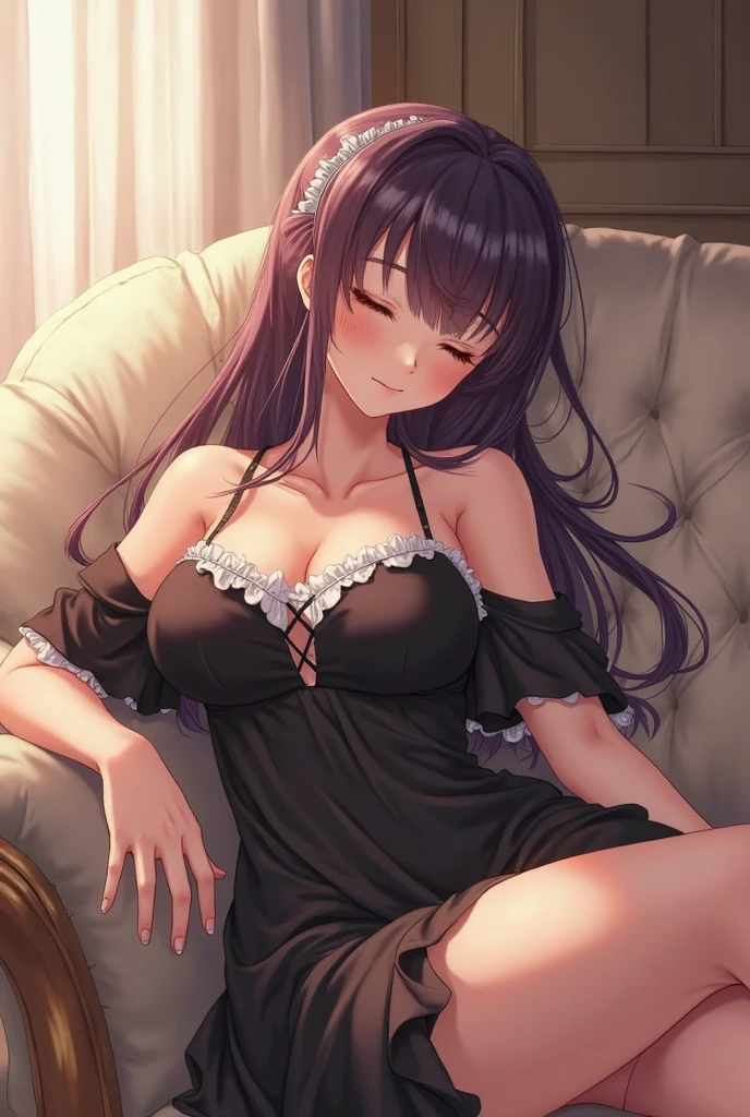 ((best quality)), ((masterpiece)), (detailed), perfect face, long brown hair, sitting on bed, black night gown, big breasts, blue eyes