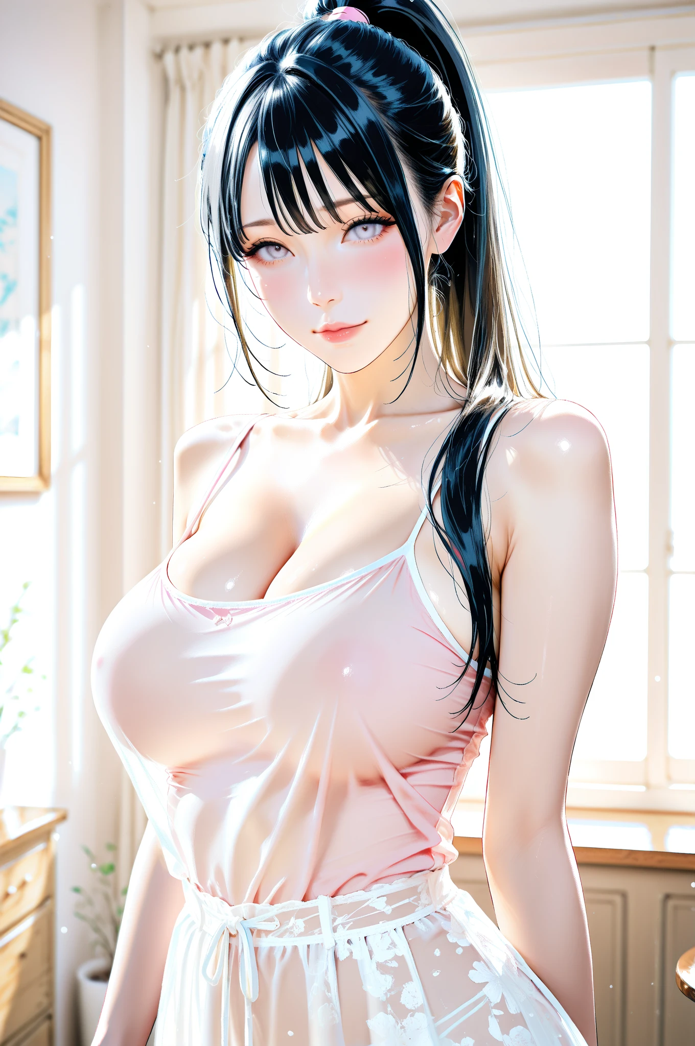 Browsing Caution,(Highest quality, High resolution:1.2), One Mature Woman, Otonashi Kyoko,Kyoko Otonashi,Beautiful Eyes, Beautiful lip detail, Highly detailed eyes and face, Long eyelashes, Blue long hair,Vibrant colors, High resolution, Studio Lighting, Ultra-fine painting, Sharp focus, Physically Based Rendering, Very detailed explanation, Portraiture, (((Milking breast milk:1.2))),Big Breasts, Perfect shape, ((Garment Lift)),((Sweat)), View in full frame, Sleeveless turtleneck,Browsing Caution