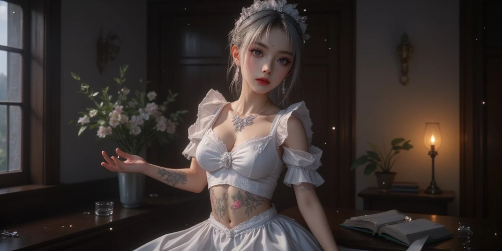 (Girl in a semi-transparent one-shoulder white miniskirt dress), (photo realistic:1.4), (hyper realistic:1.4), (realistic:1.3), (smoother lighting:1.05), (increase cinematic lighting quality:0.9),. 32K, 1girl,20yo girl, realistic lighting, backlight, light on face, ray trace, (brightening light:1. 2), (increase image quality:1.4), (highest quality realistic textured skin:1. 4),(Big Blue Eyes)、Detailed drawn eyes、Detailed painted face、Fine textured eyes、(tired、sleepy、satisfaction:0.0)、A shirt that shows off a lot of cleavage、(Accentuates the body line:1.1)、(Beautiful textured skin:1.1)、(White petals fluttering)、(White lace panties are visible)、Slim long legs、