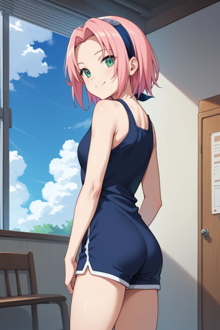 best quality, insanely detailed,nino nakano, bed room background, breasts, blush, back style, Looking Forward, one-piece swimsuit
