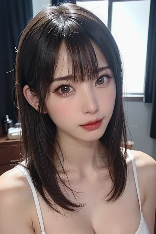 (Highest quality, 8k, masterpiece: 1.3、Everything is beautifully detailed), Beautiful woman with perfect figure: 1.4, Dark brown hair, big, Wear a pendant, Torn shorts, Sleep in the bedroom, Highly detailed face and skin, Detailed eyes, double eyelid, Highest quality, masterpiece, (Realistic: 1.4), One Woman, Golden Ratio, High angle shot, Upper eyelid care, Low angle shot, Perfect Face, Beautiful appearance, Cute Face, Face close-up, Zoom in on face, Short Bob, short hair, smile from different angles, smile, Gloss, highlight, Gloss, Glossy on skin, Glossy on skin, Wet skin, Wet, bangs, cute smile, bust, Off the shoulder, Refreshing charm, elegant, Perfect hands, smile from angle, smile, Glossのある, highlight, Glossy skin, bangs, bust, big, Warm Off the shoulder, Refreshing charm, Listen carefully, Looking into the camera, Pose at different angles、{gigantic|big|huge|mega} breasts, cleavage