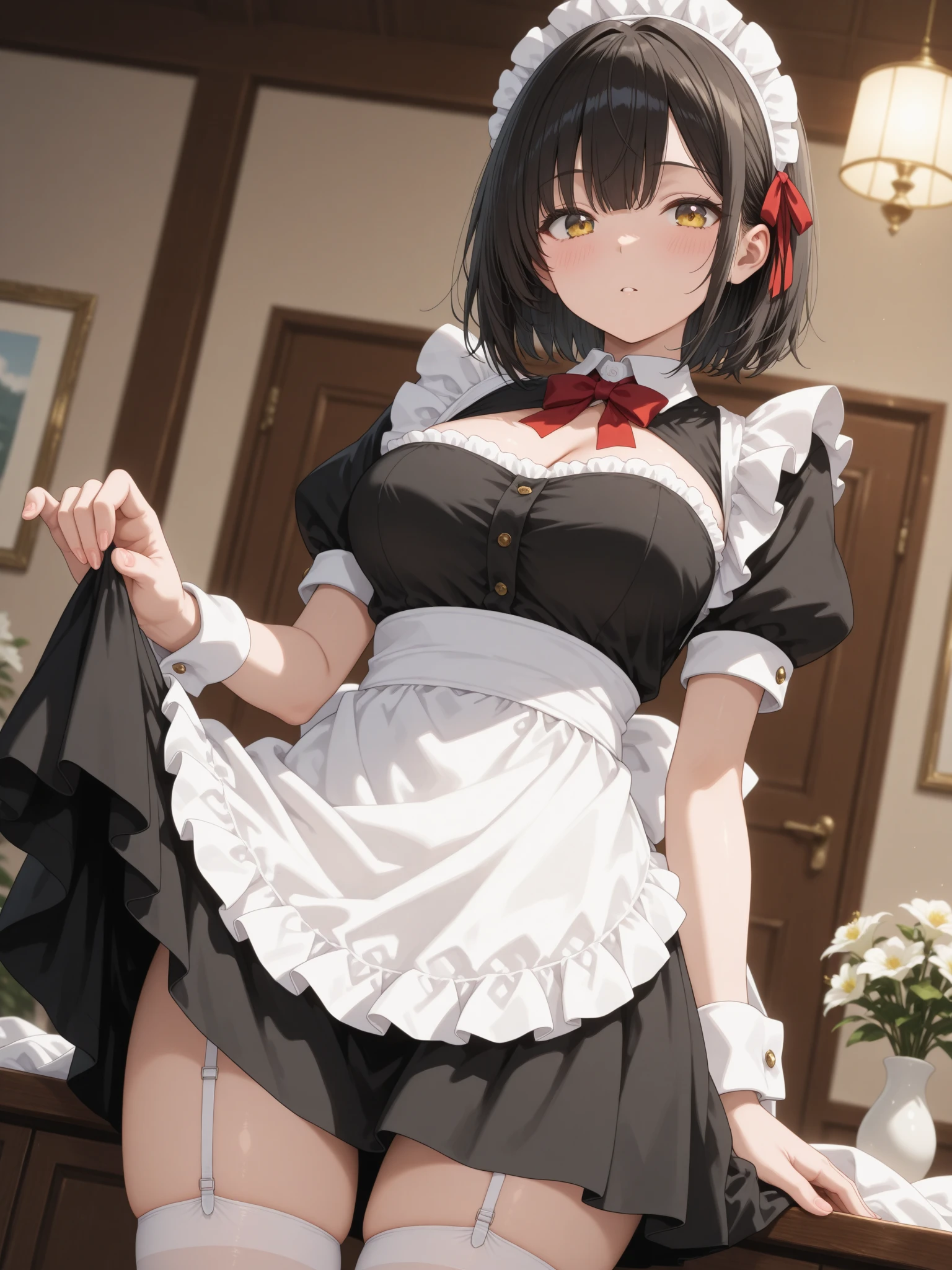 muste piece、masterpiece、highest quality、Super detailed、High resolution、8K portrait、High definition CG of Unity 8k wallpaper、cute little:1.5、Lori:1.5、Highly detailed CG unity 8k wallpaper、Realistic、real person、 portrait photography、shiny skin、High definition、(16 years old:1.2)、(1 girl)、beautiful clear eyes、extremely detailed description、delicate face、nice lips、slender body、small breasts 同 thin waist、thin legs、(Hallway of the mansion:1.6)、Kina Face, seriously, (blush:1.5),(brown hair bob hair:1.3),small breasts 同,((Maid clothes:1.4)),((clothes lift:1.5)), (I have nipples:1.2),((climax in vagina:1.5)),(from front:1.2),gran,(leaning forward)