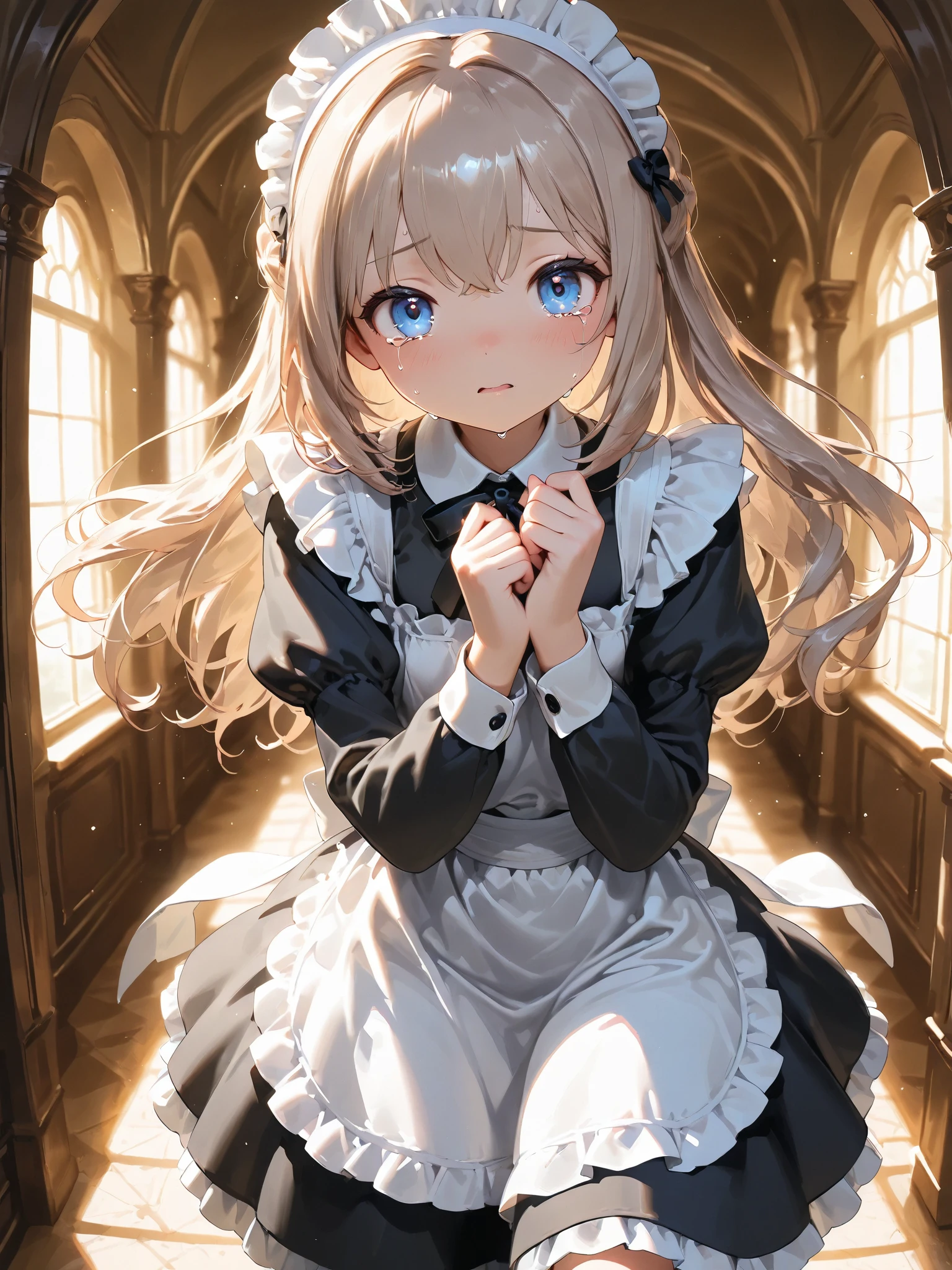 Masterpiece、Highest quality、highest quality、(((Lori)))、 ((((Petite))))、Shiny hair quality、Small face、Sitting、Super detailed, beautiful, wide eyes、Ultra-detailed, clear and beautiful faces、(cute illustration:1.2), High-resolution, ultra-detailed, best quality, embarrassed、Cute white underwear、Thighs