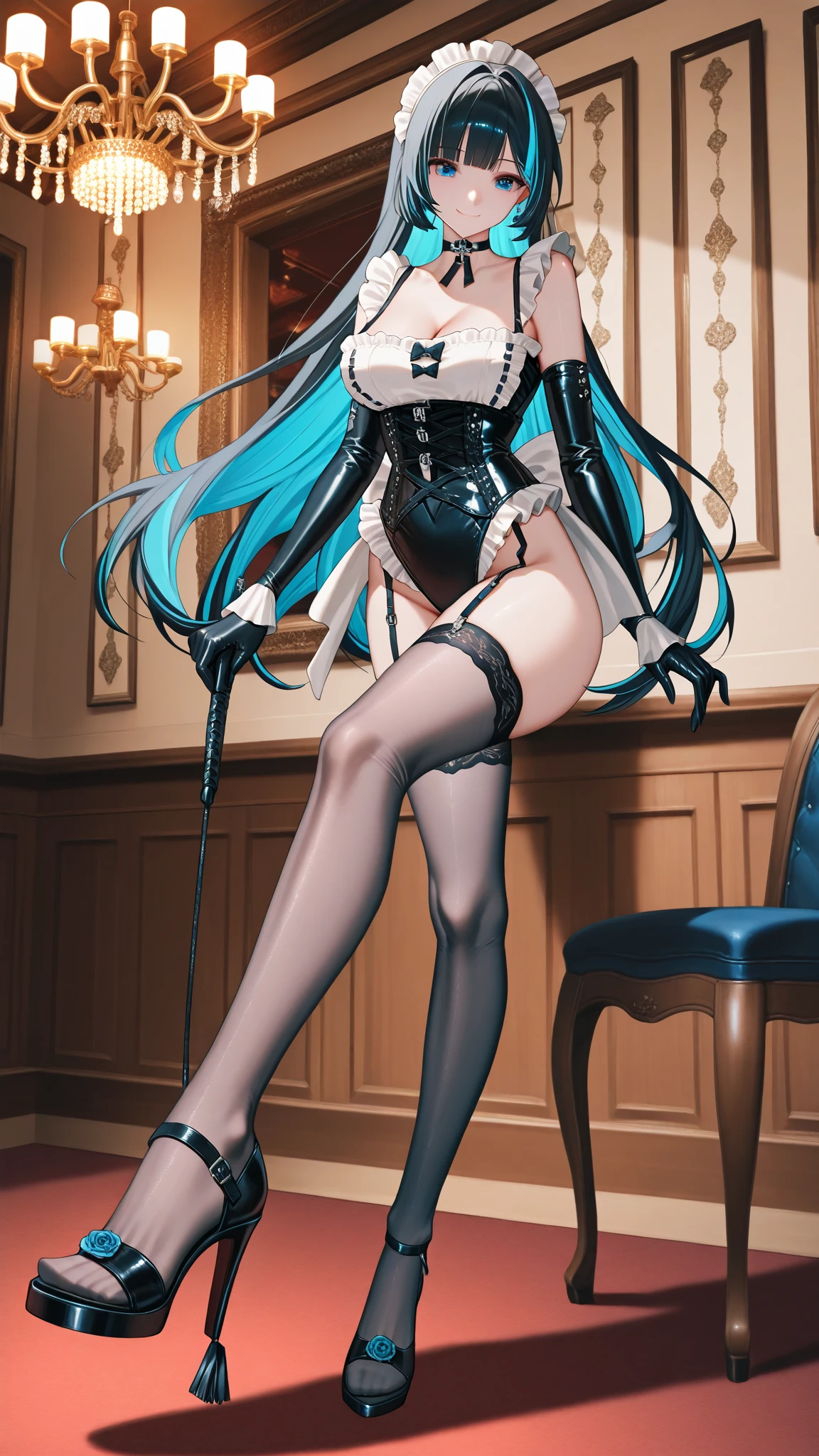 ultra detailed, Hatsune Miku, ((miracle paint)), photorealistic, cinematic lighting, (seductive anime girl), beautiful style, fair skin, beautiful charming anime woman, masterpiece portrait, smile, shining blue eyes, magician's outfit, ((Blue-green long hair, ponytail, earrings, black top hat, red bow tie, black bodysuit, wear a black tuxedo, dark brown knitted tights, black high heels, white lace gloves)), dance with a stick, 