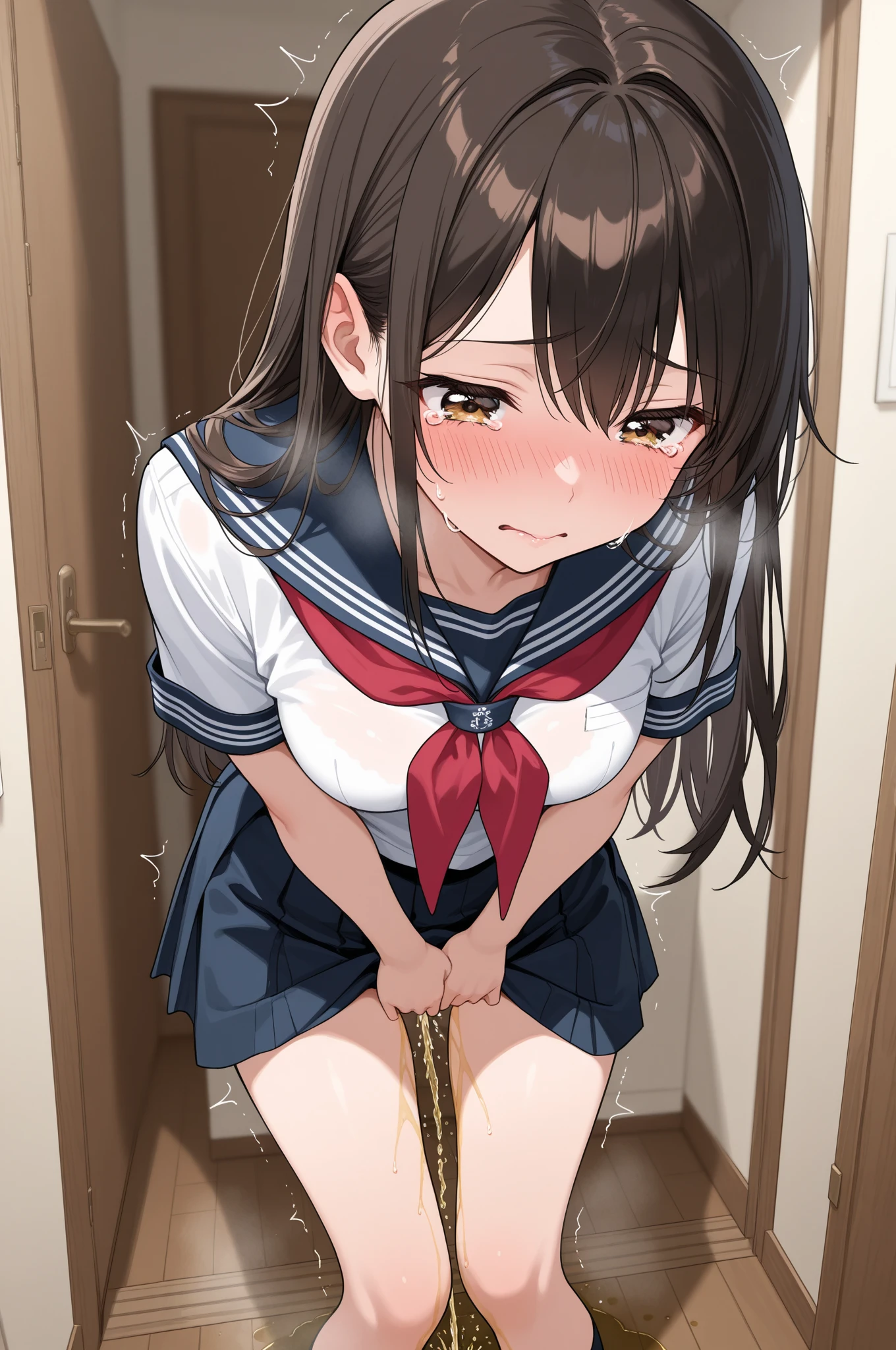 (masterpiece, best quality, highres, super detail illustration), nsfw, (surprised face), pussy juice, school uniform, (a dildo in pantie), sweat, standing