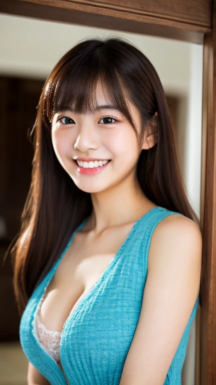 Japanese ),((beautiful girl)),cleavage,An expression that imagines something pleasant:1.2,(perfect body beauty:1.2),((perfect body)),(shy smile),beautiful teeth,