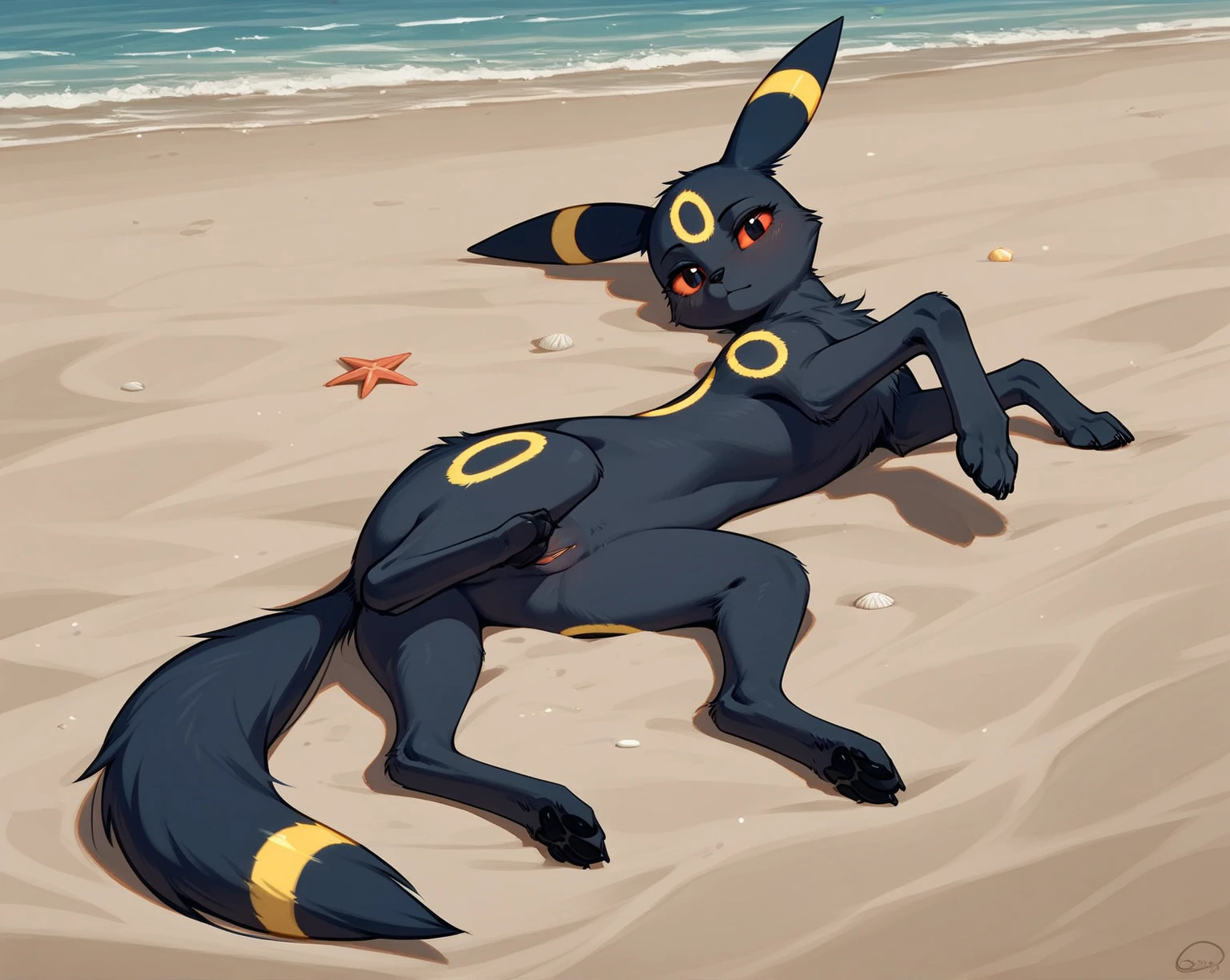 alone, score_9,score_8_up,score_7_up, anthro female umbreon, red sclera, black eyes, white sling swimsuit, beach background, standing, happy,