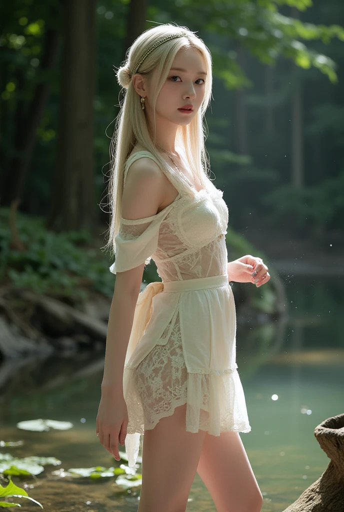 Albino female, 18 years old, handsome face, fine white skin, pearl white hair, pearl white eyebrows, long pearl white eyelashes, bright red eyes, cherry red cheeks, cherry red lips, slender neck, long slender limbs. , slender body, oversized breasts, cherry-colored , large cherry-colored areolas, large round buttocks, extremely slender waist, firm belly, pearl white pubic hair, thick cherry-colored minora, not wearing anything, naked, Glamorous, erotic, natural light, standing on a path in the forest, morning, deep fog, super sharp focus, realistic shot, super high resolution,