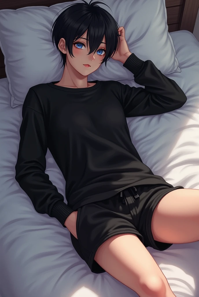 A handsome boy, lying on the bed watching TV him, not old, as if fourteen or fifteen years old, brown-black hair, although it is a boy, but it looks more petite, looks a little weak, he has fair skin, he lies soft on the bed, holding the pillow with his hands, watching TV, he is gay, weak, a little erotic wearing underwear