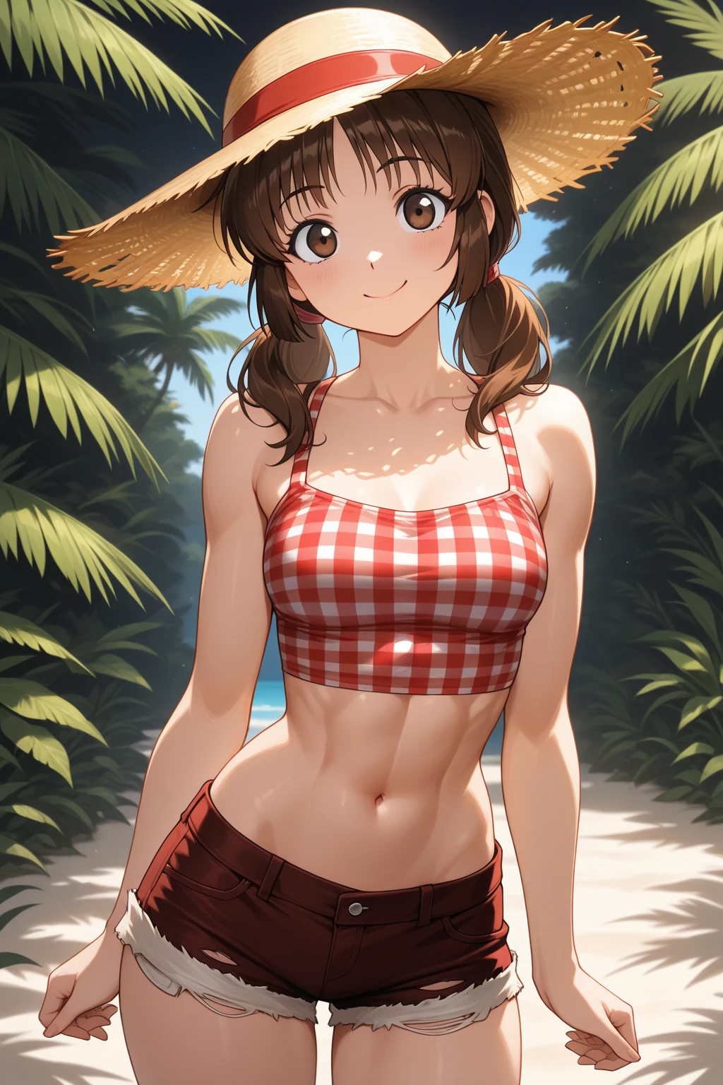 attractive korean woman, ripped muscle, muscular body, small breast, pale skin, smile(blush), bikini, thin necklace, sixpack abs, [ultra detailed skin:1.2], brown hair, wavy hair, 8k uhd, full body, crowd, public, forest, waterfall, standing,