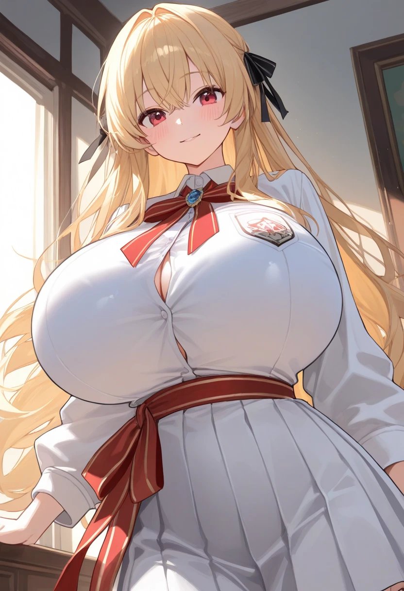 Beautiful Nikkei Girl,cabellos largos dorados,a sailor suit,nabel,Long straight blonde hair,Japanese babes,Bad girl,black pantyhoses,Pink lipstick,The expression is disdainful,nabel,Red Eyeshadow,(huge tit),cleavage,deep v big breasts