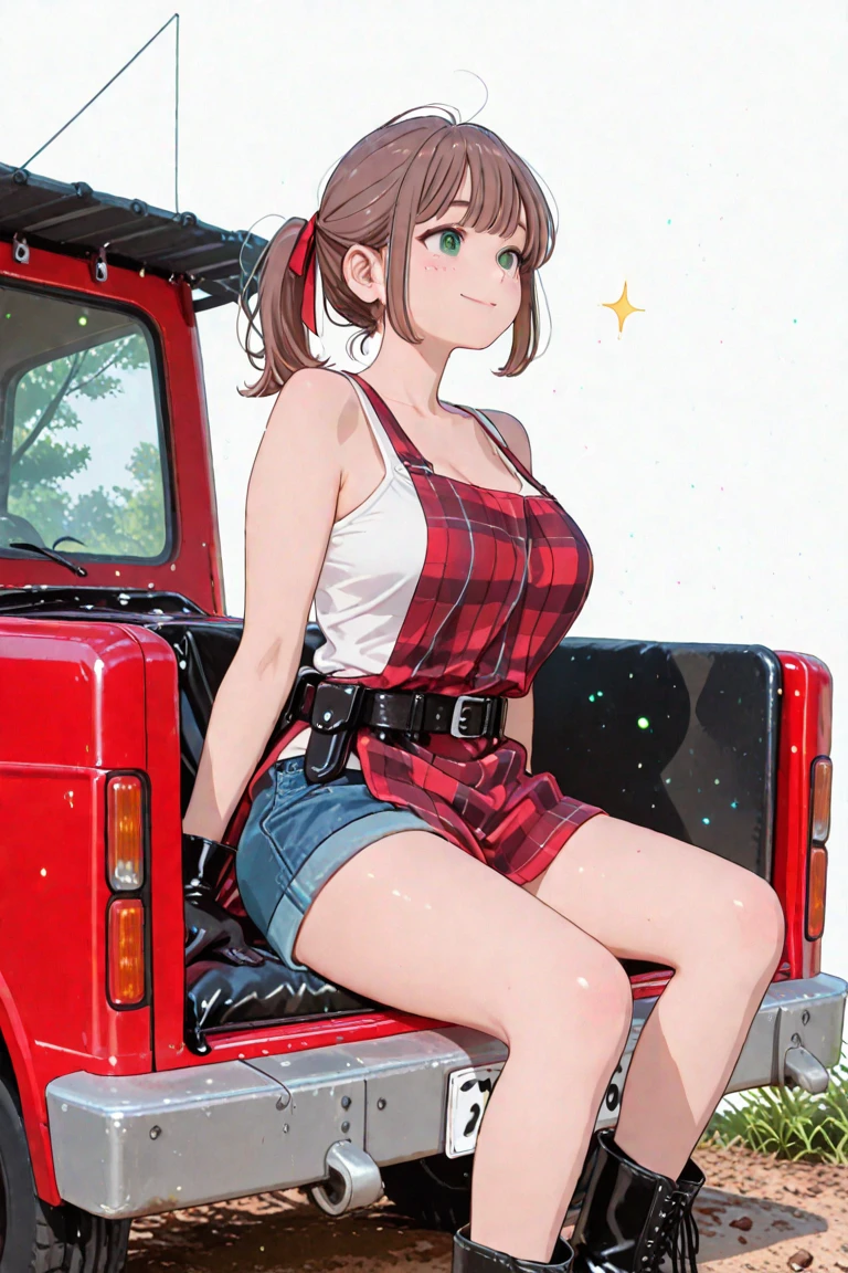(Masterpiece, Best Picture, High Resolution), A sassy-looking girl is hitchhiking along an unpopular country road. She is standing on the side of the road, carrying her bag and luggage. She is sexually attractive. ((She is dressed with her jacket open and her bra exposed.)) ) The background is a desolate rural landscape, with long stretches of road, few trees, and no houses in sight. She signals the car to stop with a confident thumbs-up gesture with her arms raised high and a sly smirk on her face, creating a cheeky demeanor. The overall atmosphere should convey her sassy attitude and secluded, isolated setting. nsfw,((grin))