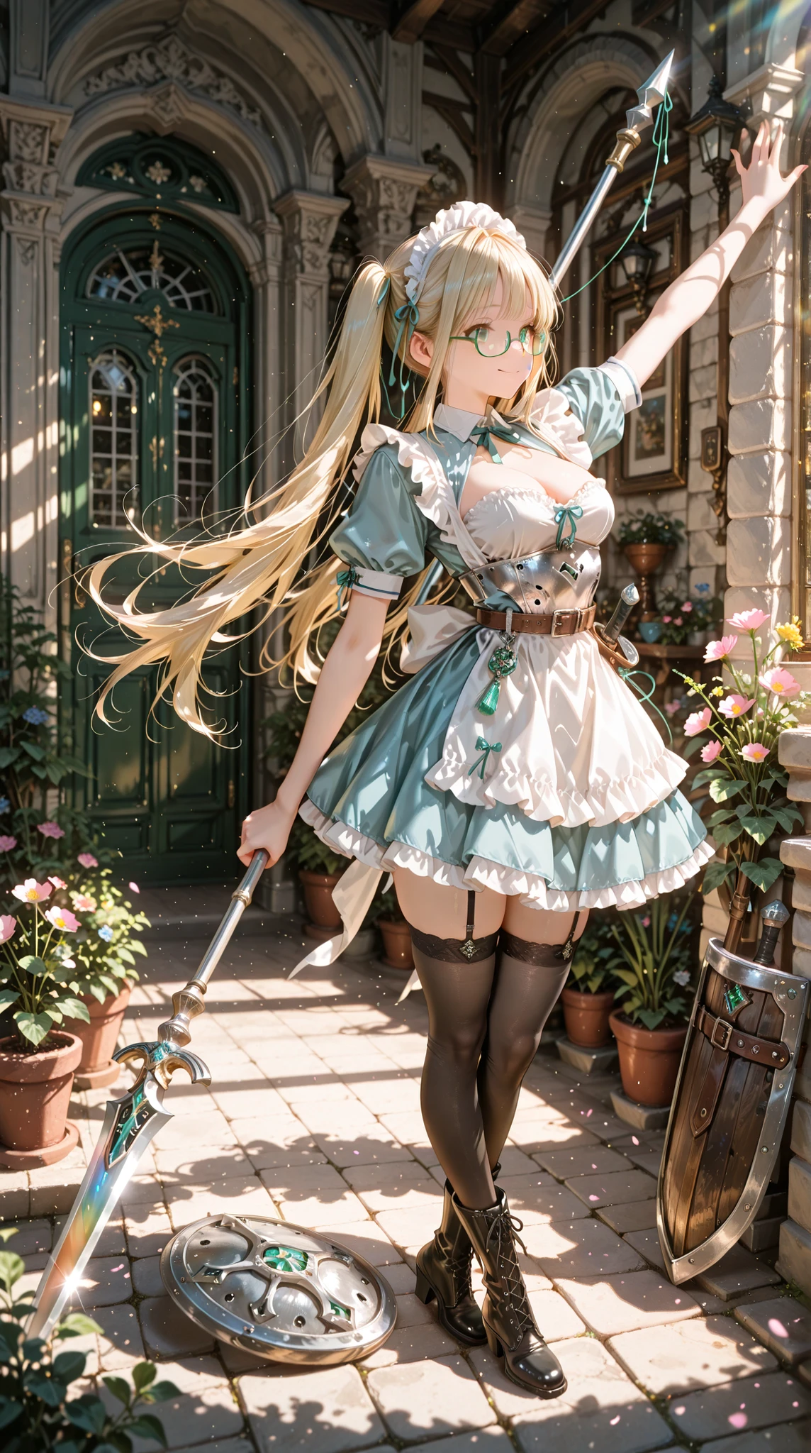 score_9, score_8_up, score_7_up, masterpiece, best quality, ultra detailed, illustration, fantasy battle scene, solo, 1girl, (maid, maid princess, female knight, maid knight), very long hair, long twintail, blonde hair, beautiful detailed deep green eyes, cute face, age 18, 162cm, breasts:1.5, definite cleavage, (a face with childish innocence, a face with feminine sexual impression), a cute girl's smile in the morning, wears cute green-framed (under-rim) glasses,
(maid dress, armor dress, princess dress): beautifully decorated, silver metal Armor over clothing (chest armor, from elbows to fingertips, slightly high-heeled boots for women reaching up to the knees), maid dress (light blue dress, white maid apron, white brimmed headdress, frills on shoulders, short sleeves and hem, ribbon-tied string tie, black garter straps, black knee-highs), princess dress (light blue skirt continuing from maid dress, flared hem, front part above the knee-highs for ease of movement), absolute territory,
hands holding (spear and shield): beautifully decorated, broom (traditional design, spear on the other end), shield (buckler, two leather belts on left arm),
armor, clothing, and hair beautifully reflecting rainbow light, The pose right after she turns around to face the front,full body,
movement expressed(dress skirt moving,the ribbon on the back of the white apron,twintail hair moving,flowing hair, ),
Background: mansion garden, small flower garden, soft morning fog, dreamy soft lighting