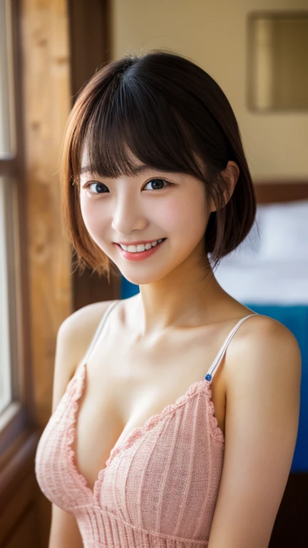 masterpiece,best quality,(Japanese ),((Beautiful girl)),cleavage,indoor,(perfect body beauty:1.2),(shy smile),beautiful teeth,