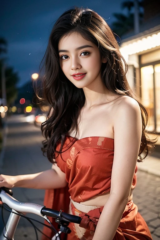 Blonde long-haired woman, Iris, Red Jewelry, Red earrings, moon, Noble, Lady, high quality, Very detailed, Detailed face, masterpiece, city, garden, Flowers, Light,(((Upper body portrait))),Super long brown hair,Hair with loose waves inside,Long hair_Hair reaching down to the waist、gold necklace_Large earrings、((A shy smile:1.3)),wearing Floral blouse with ribbon tie_long see-through sleeves、standing gracefully、full figure supermodel standing, entire body in frame、Late at night, Standing on a hotel balcony with a beautiful night view