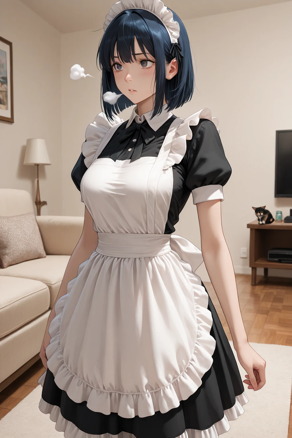 ((((masterpiece, best quality, high resolution)))), Extremely detailed 8K, Beautiful girl with voluptuous body, (Ultra HD, Ultra-detailed, Highly detailed, Highly realistic, Ultra-realistic, photograph realistic), (1girl:1.5), (Realistic blue hair), (short wavy hair, hair ornaments, earrings), (dynamic poses), facing at camera, looking at viewer, (blushing red, embarrassed, smile), (blue eyes, sharp eyes), (big perky breasts:1.2), (beautiful detailed face, beautiful detailed eyes), ((maid outfit, maid apron, cat ears headband)), (detail pussy), (standing up), sweat, glow, (sunbeam, sunlight), ((portrait shot)), coffee shop, seductive