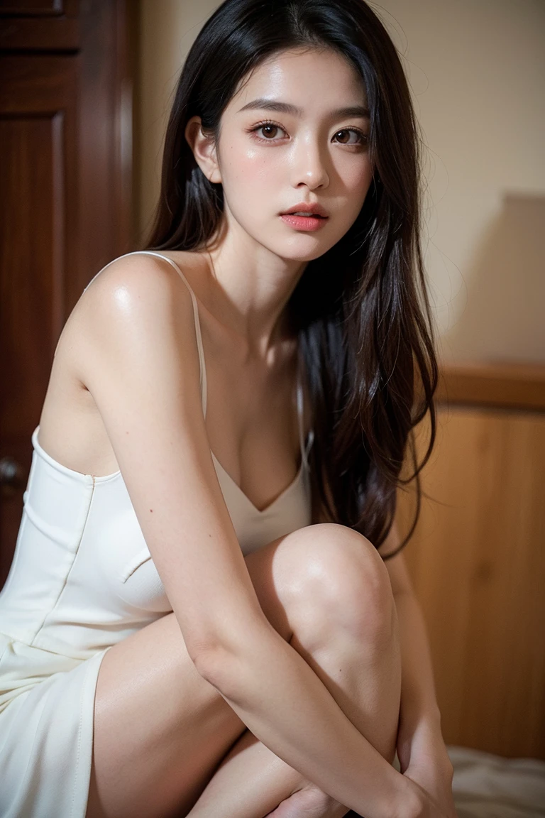 1girl ,Sitting on chair,cross one's legs,Soft light,Chinese beauty,A dark-haired,length hair, blurred background