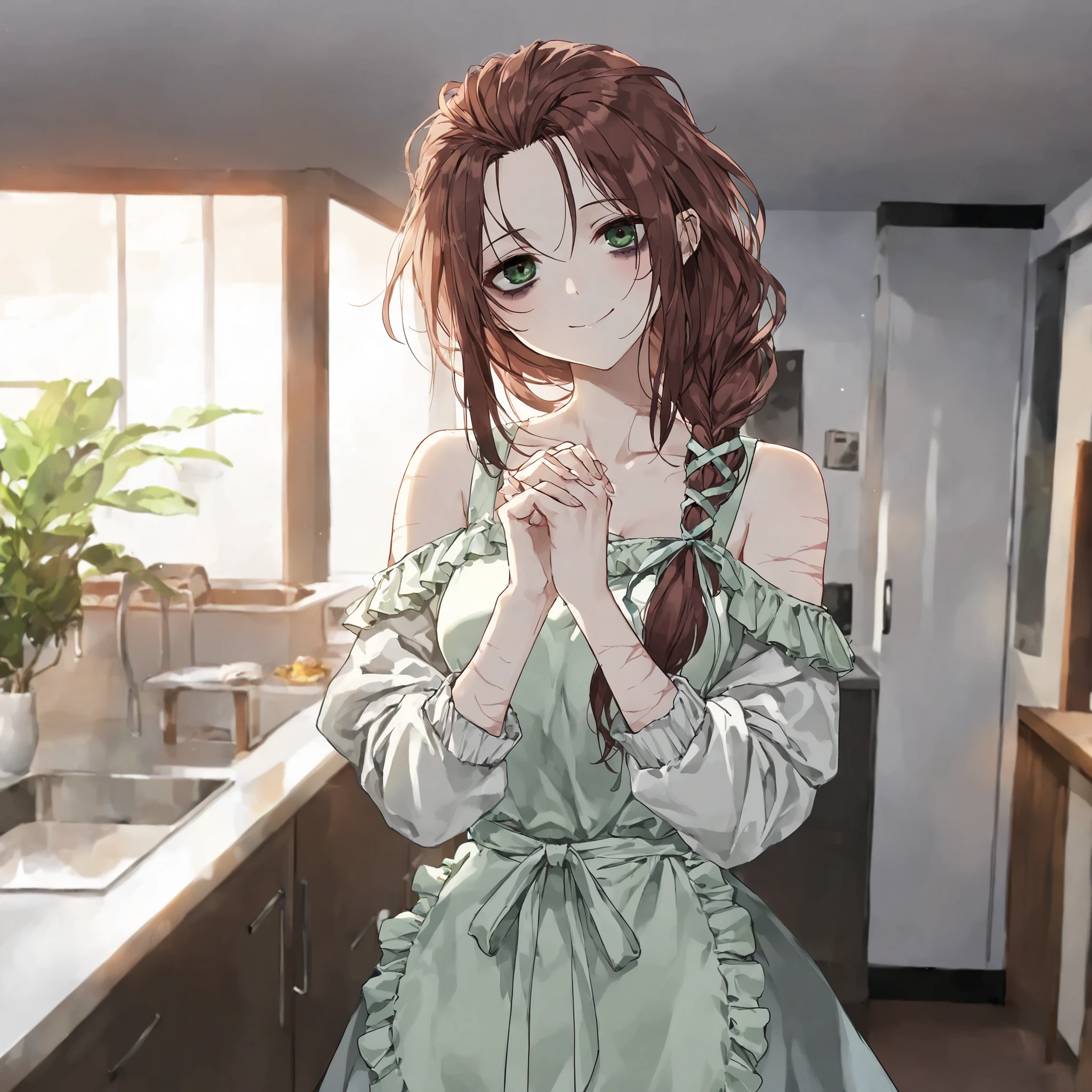 (score_9, score_8_up, score_7_up, facing_directly_towards_viewer, mid_shot, soft_shadows, natural_lighting, cinematic_color_grade, masterpiece, high_detail, emotional_ambiguity, warm_subtlety)
BREAK
(1woman, adult, solo_focus, standing, (broad_shoulders: 1.2), (thin_frame), wirey_frame, pale_porcelain_skin, (dark_circles_under_eyes: 1.2), bags_under_eyes, bruised_eyes, (messy_auburn_hair:1.2), (hair_tied_back_messily_with_ribbon: 1.2), expressive_green_eyes, pupils, (small_faded_scars_on_arms: 1.2), (vintage_pastel_white_floral_dress_with sleeves: 1.2), (frilly_pastel_green_chef_apron), quivering_smile, big_nervous_closed_mouth_smile, excited_cute_sad_eyes, slight_head_tilt, gentle_pose, hands_clasped_together_in_front_of_waist, delicate_body_language, soft_posture, domestic_aesthetic)
BREAK
(modern_apartment, basic_rental_kitchen, laminate_counters, worn_furniture, soft_window_light, lived_in_clutter, emotionally_charged_atmosphere, peaceful_yet_uneasy_vibe)