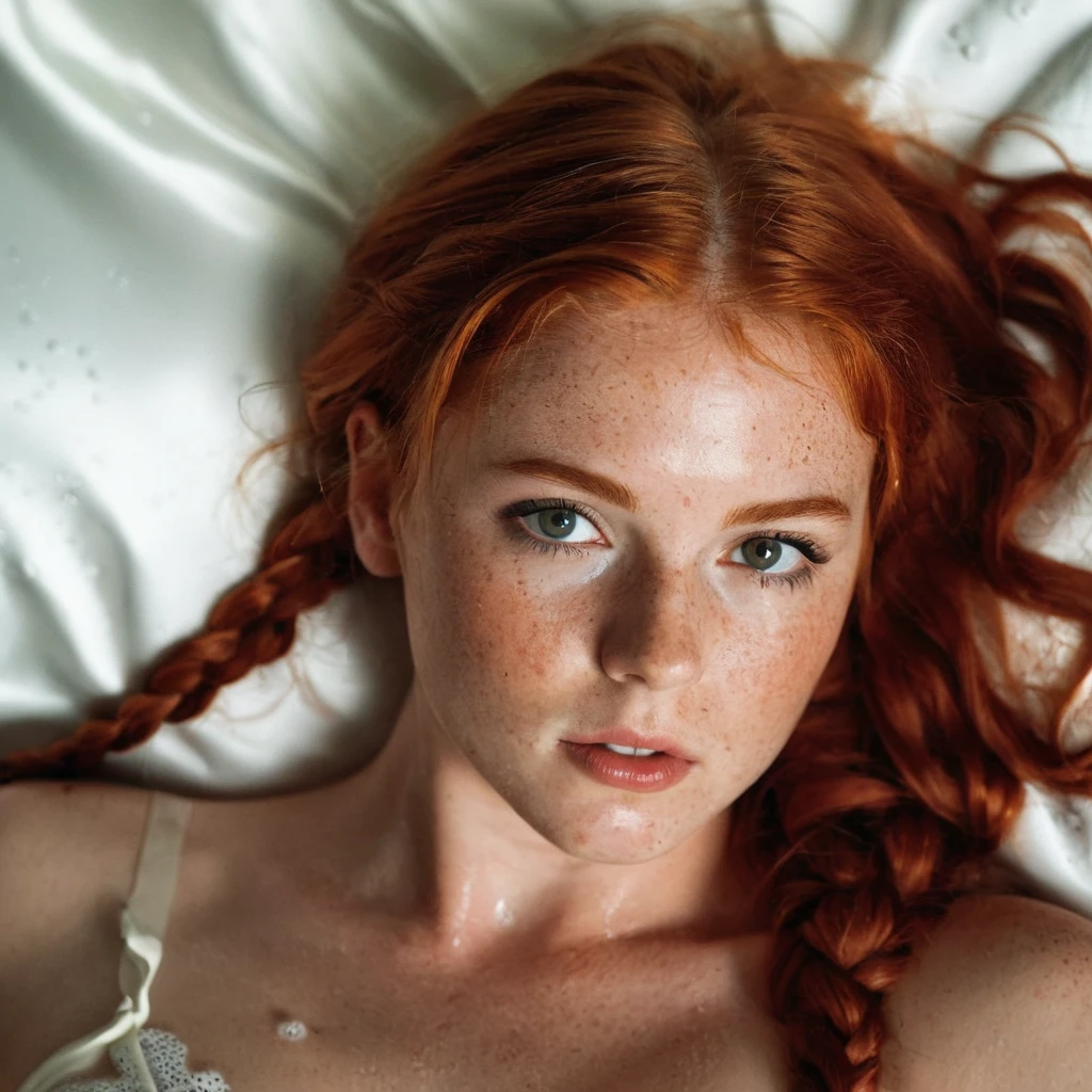 (8k, RAW photo, highest quality),(epic realistic:1.5), a girl, dynamic posture,erotic face,shirt,(detailed eyes:0.8), (highest quality), (best shadow),intricate details,cinematic,((skin:1.4)),interior, (long ponytail ginger hair:1.3),dark studio,(hdr:1.5),detailed, muted colors, frecklesTop quality, (bright lighting: 0.7), masterpiece, RAW photo (pale 20-year-old woman, looking down at the viewer), cute, (undressed, disheveled, with curly ginger matted hair), (sitting), full-length portrait, perfect face, captivating eyes, bright details, pouting lips, (high skin detail), freckles, medium breasts, hard nipples, NSFW (blue tint: 0.6), (dirty: 0.8), (bloody: 0.7), Key lighting, (backlight: 0.5), medium depth of field, Canon 5D, 50mm lens, f/4 aperture, (ultra-detailed, complex detail), sharp focus, 8k, absurd, 8mm film grain,flirting with camera