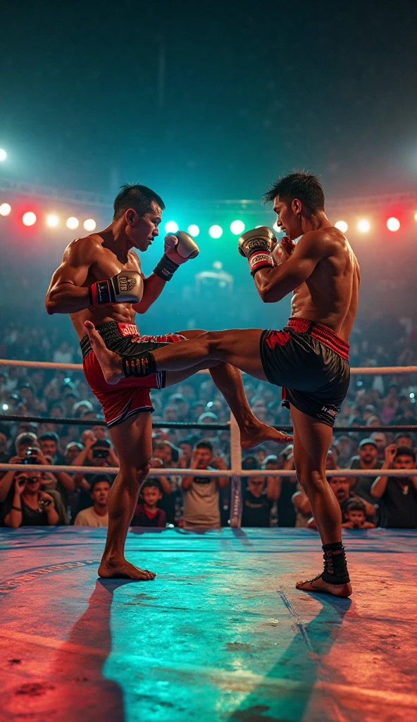 a boxing ring, two boxers exchanging intense blows under spotlights, muscular male figures, dynamic action pose, dramatic lighting, cinematic composition, hyperrealistic, photorealistic, 8k, hyper-detailed, high contrast, chiaroscuro, dramatic shadows, vibrant colors, powerful energy, gritty realism, motion blur, sweat, determination on faces, spotlight beams, cinematic atmosphere