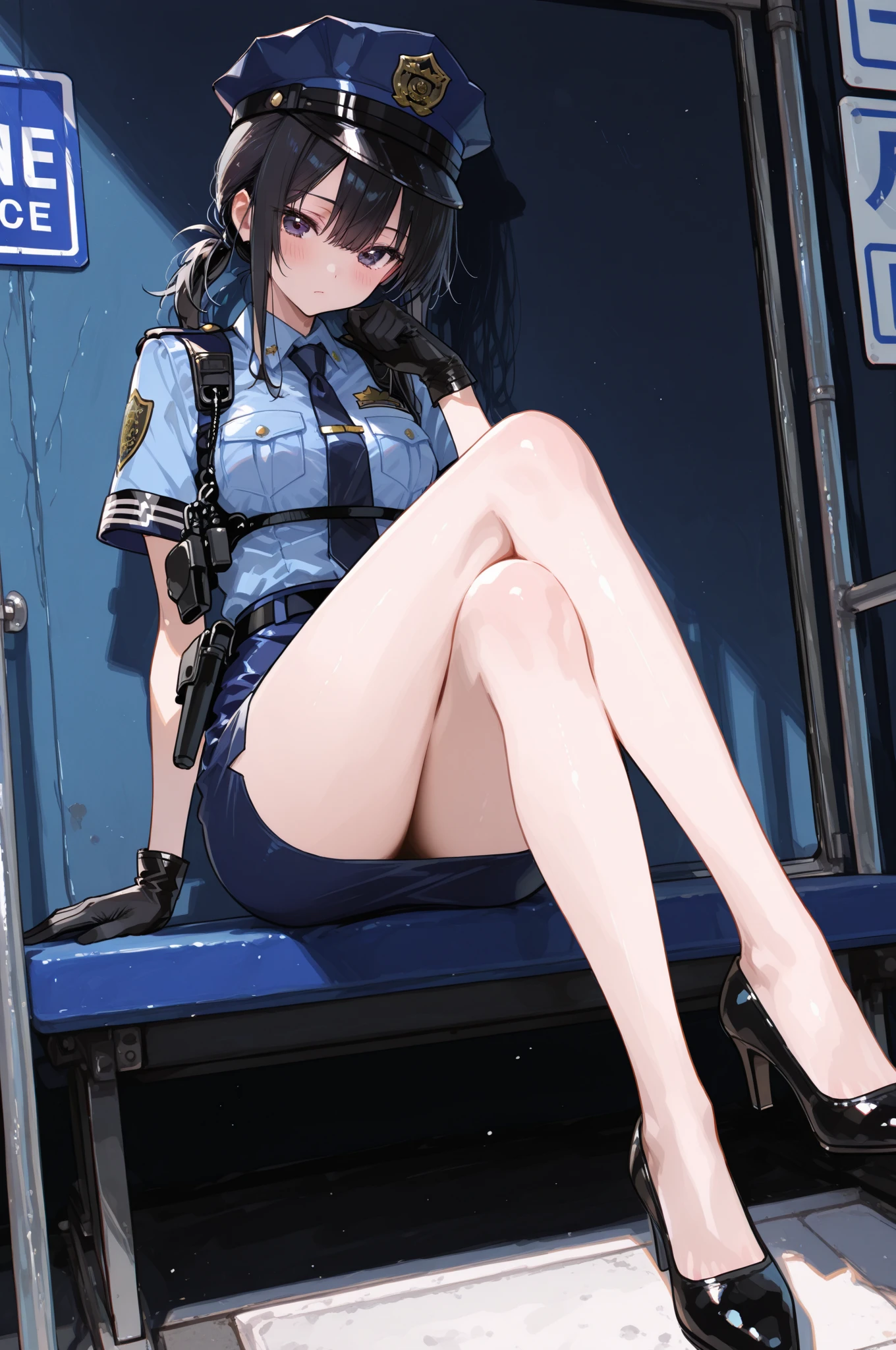 Highest quality、masterpiece、8K、Realistic、超High resolution、Very delicate and beautiful、High resolution、Cinema Lighting、medium range shooting、Perfect female body、Beautiful woman、Mature Woman、Beautiful Eyes、Cityscape、(short hair:1.8、Black Hair)、((Female police officer:1.4、紺色のFemale police officer、Female police officerの制帽、Uniform Buttons、Navy blue tie、Uniform jacket、White gloves))、pantyhose、Pencil Skirt、Stiletto heel pumps、Police Badge、Epaulettes、