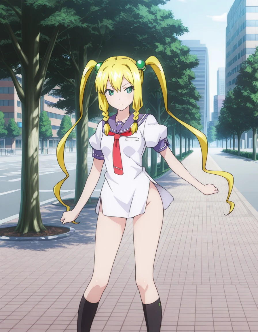 young girl,thin and small, flat chest,blonde with two tails on the sides of her head