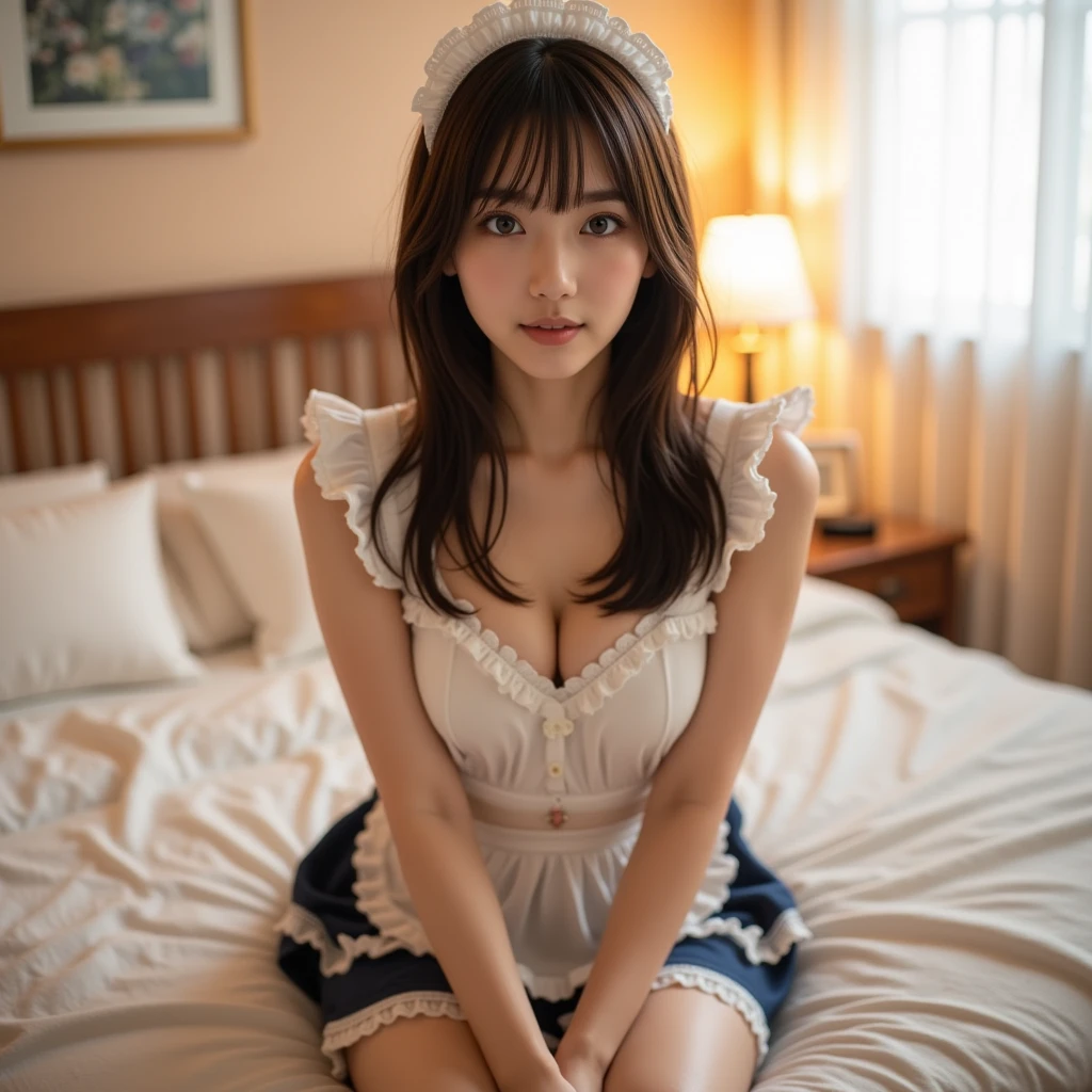 1 girl、realistic skin texture、Long hair up to the waist、Bedで乱れた髪、smile、stare(cleavage looks bigger)(((frillsの沢山付いた豪華な白黒のクラシックmaid服、very short mini skirt))) (21 year old girl、small face、very beautiful face、natural makeup)(fair skin)(Glitter eyes)dress、frills、interior of old western building、short sleeve、、maid、maidエプロン、puffy sleeve、beautiful armpits、round beautiful breasts、beautiful cleavage、thin waist、constriction、big ass、thin thighs、Movie Writing、exciting and sensual poses、sexy。Bedroom、Bed、Bedでsleep、Angle up to the knees((((sleep:1))))(((Full body shot from above)))
