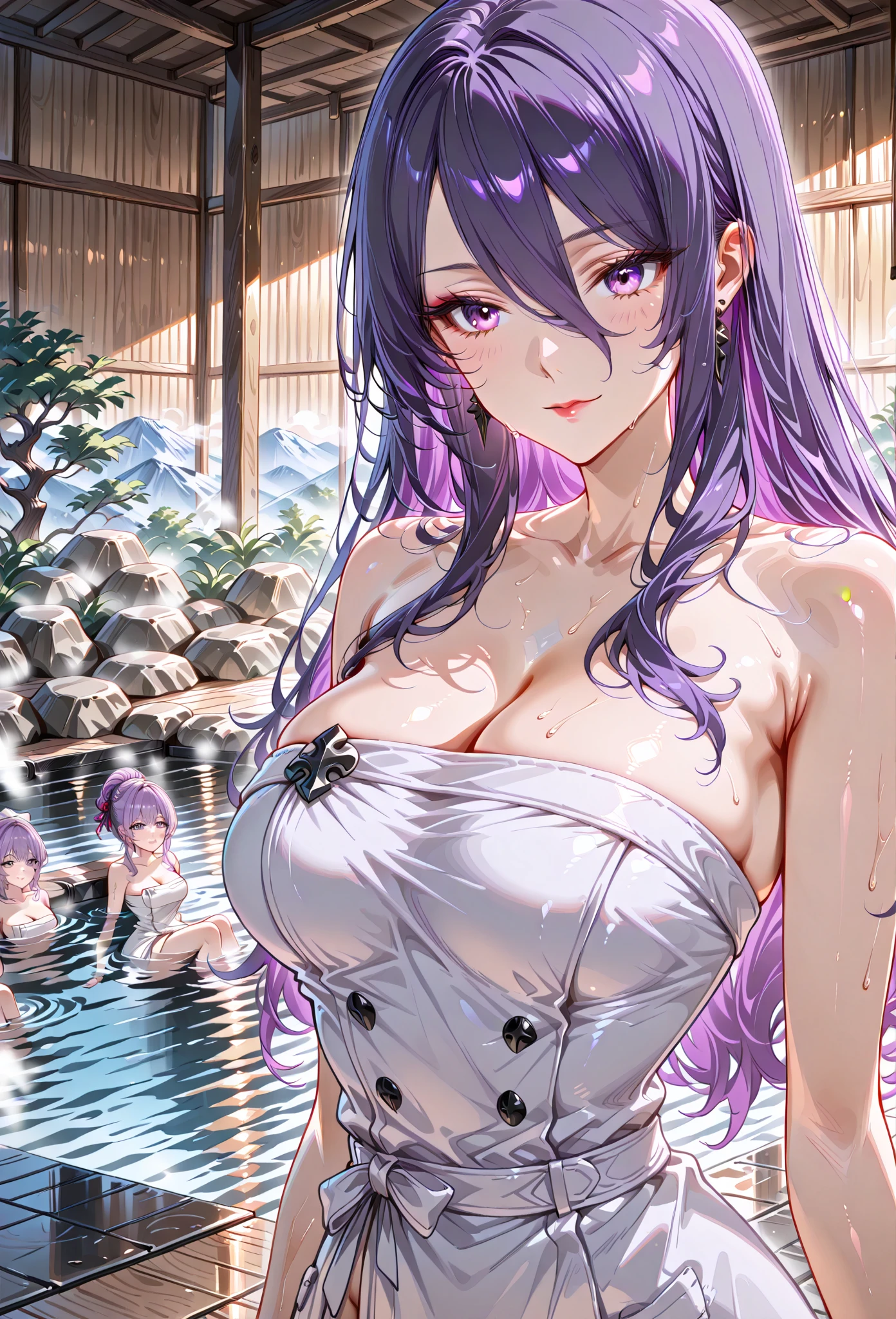 Ultra-realistic 8K CG,Masterpiece,((ultra-detailed background,delicate pattern,intricated details)),Best quality at best,Very, very, very detailed face,Very detailed eyes and faces,Very detailed eyes,Shinobu Kocho,multicoloured hair,No bangs,hair intakes,Purple Eye,brow, butterflies ,Solo,(onsen:1.5),(plein air),(natta:1.2) ,Chibi,Tyndall Effect , (Shameful_face),(viola_比基尼:1.6), No nudity