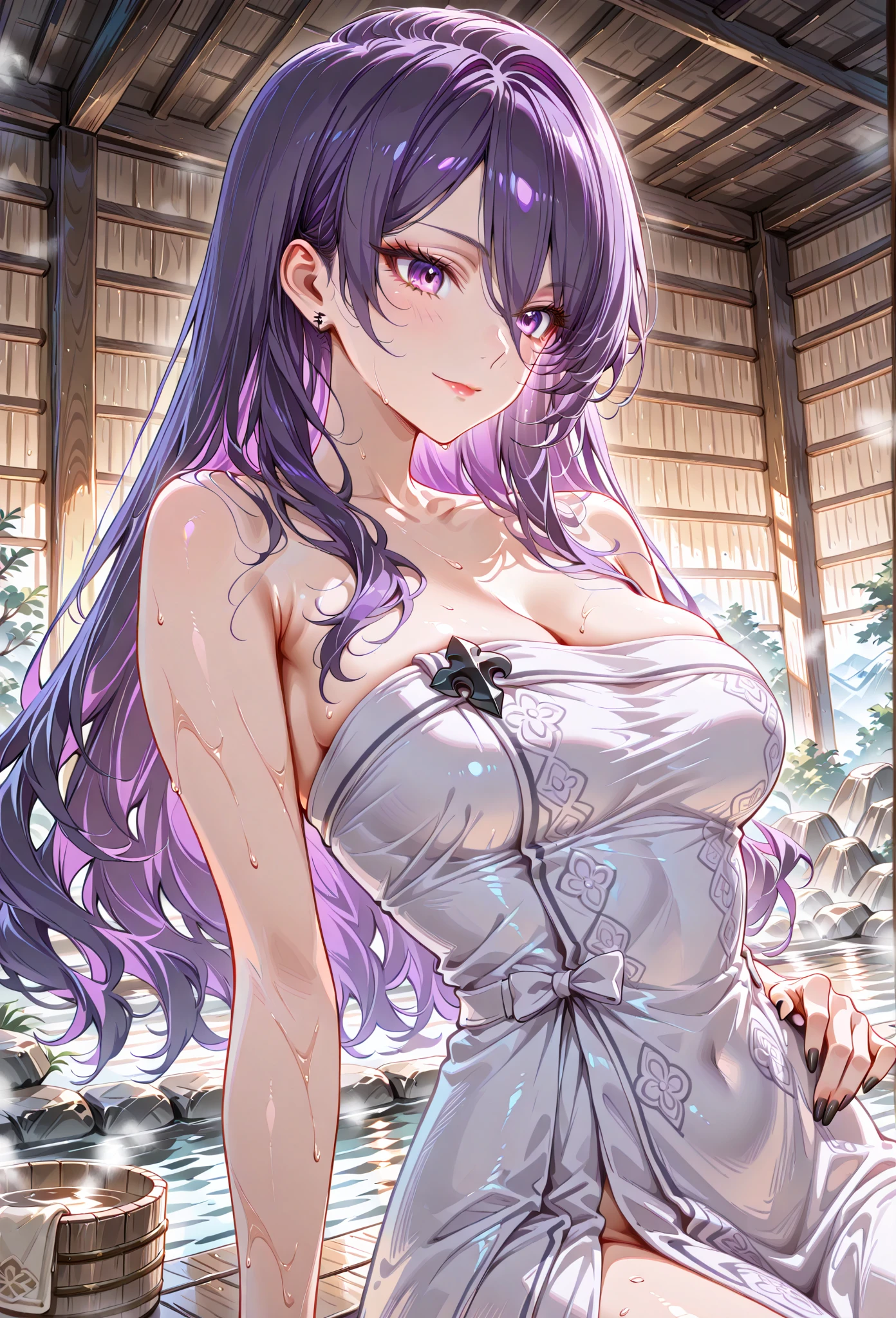 anime_source, (masterpiece), best quality, expressive eyes, perfect face, score_9, score_8_up, score_7_up, 1girl, bangs, bare shoulders, blush, bra, breasts, cleavage, collarbone, cowboy shot, curvy, highleg, medium breasts, long hair, looking at viewer, minamoto no raikou \(fate\), navel, panties, parted bangs, purple eyes, purple hair, transparent, indoors, blurry background, negligee, smile, solo, thighs, underwear, very long hair, sweaty