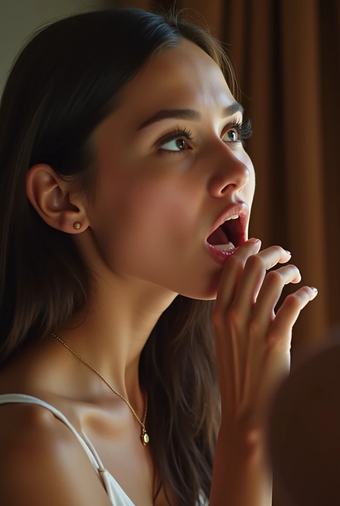 One girl,Pieces fly,,Award-winning photo, Very detailed, Edge Orgasm,Face Focus, (Woman with open mouth and closed eyes ), 30 years old、Black Hair、Shiny skin、Face close-up,From below、Realistic nostrils、Long and narrow nasal cavity,、train、(Inside the train,By the window)、congestion、Are standing、((suit))、Big Breasts、(Sharp Nose)Grimacing Performance:1.4, concept,teeth,Performance,facial Performances,Grimacing,Lift your head、