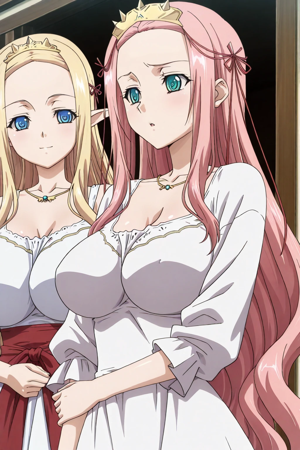 lexiavonarselia, lexia von arselia, long hair, blonde hair, (green eyes:1.5), ponytail, pink hair, (((big breast))), large breast, BREAK dress, bare shoulders, detached sleeves, white dress, BREAK looking at viewer, full body, (masterpiece:1.2), best quality, high resolution, unity 8k wallpaper, (illustration:0.8), (beautiful detailed eyes:1.6), extremely detailed face, perfect lighting, extremely detailed CG, (perfect hands, perfect anatomy),