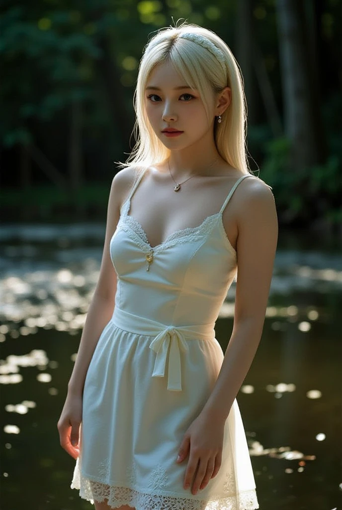 (((best quality, 8K, masterpiece:1.4)), (20 岁woman), masterpiece, clearly, High targetres, High target_quality, Wide_shooting, small_Face, Absurdly_short_hair, woman, Droop_breast, balance, Stretching exercises, Moderate_Face, only_Shoulder, center_Opening, Low-cut, (blonde wavy very long hair), (Sitting alone in the forest), (C-com saggy breast), big eyes:1.3,