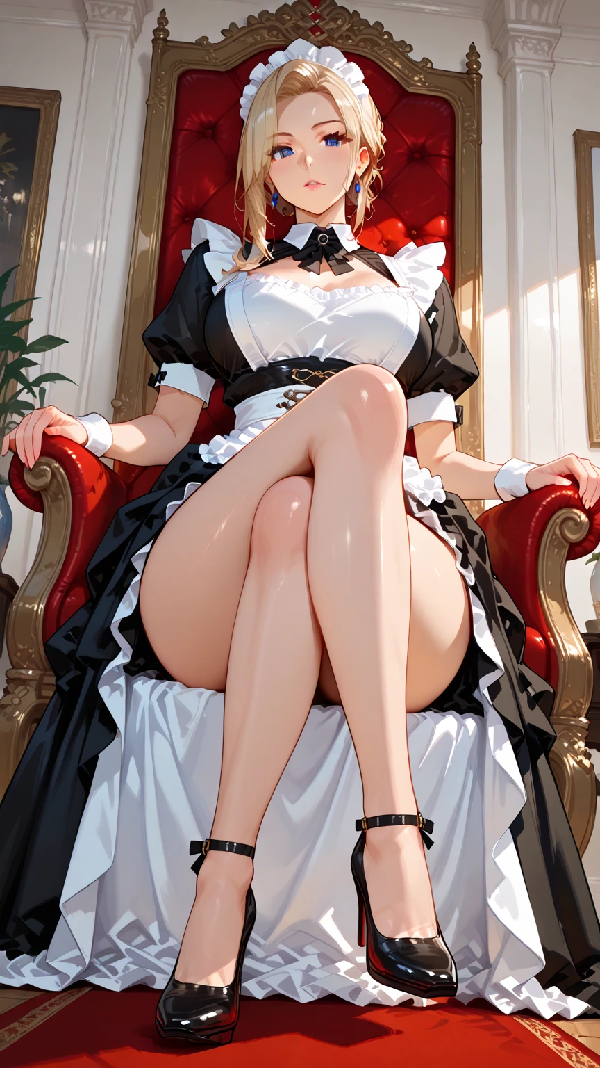 Girl, smile, red lips, big nose, big , big breats, fair skin, smile, long hair, yellow hair colors, sexy body, sexy girl, sexy pose, beautiful girl, big ass, maid costume, white underpants colors, pantyhose, white pantyhose colors, hig heels, black hig heels coolors, realistic girl pose, in room, sexy girl pose sit on the chair, gaze looking at the camera,
