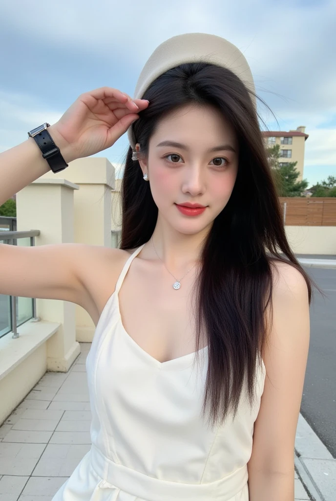 RAW photo, camera's line of sight, ((highest quality, 8k, masterpiece: 1.3)), sharp focus: 1.2, white shirt, Quite a feature, best smile, cute smile, beautiful woman with perfect style: 1.4, thin abs: 1.2, dark brown hair, (Natural light, city street: 1.1), Highly detailed face and skin texture, fine eyes, double eyelid