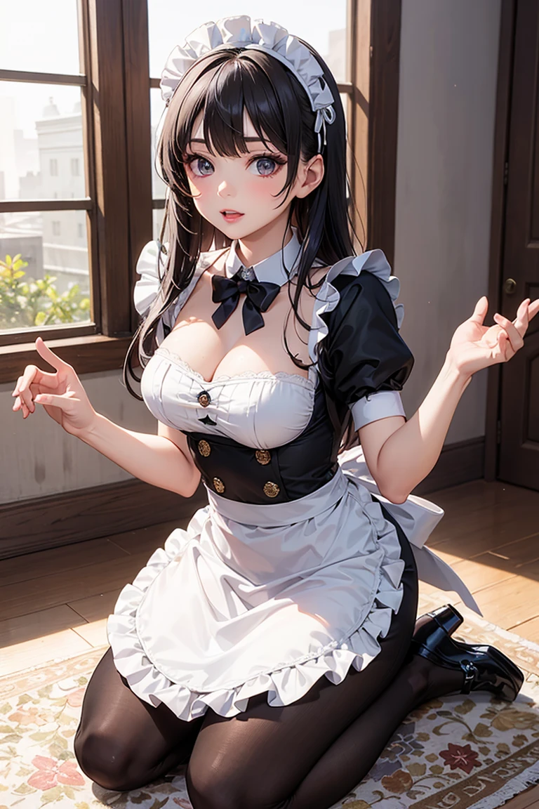 (大人のwoman:1.3)、exact number of fingers、Exact number of legs、Exact number of arms、bangs, ponytail, brown hair, (blush:1), (womanはメイド服を着て床に立っている:1), ((Stylish black and white maid outfit, Ribbon at collar:1.4)), woman, (Stylish white satin panties:1.3), (white lace bra), Thighhighs, garter belt, (flip the skirt yourself:1.4), (shirt lift:0.93), (show off bra:0.94), (show off panties:1.2), realistic、 beautiful big breasts, slender body, highest quality, High resolution, highly detailed face, perfect lighting, Very detailed CG, (perfect hands, perfect anatomy), embarrassed expression, The mansion&#39;s study, whole body