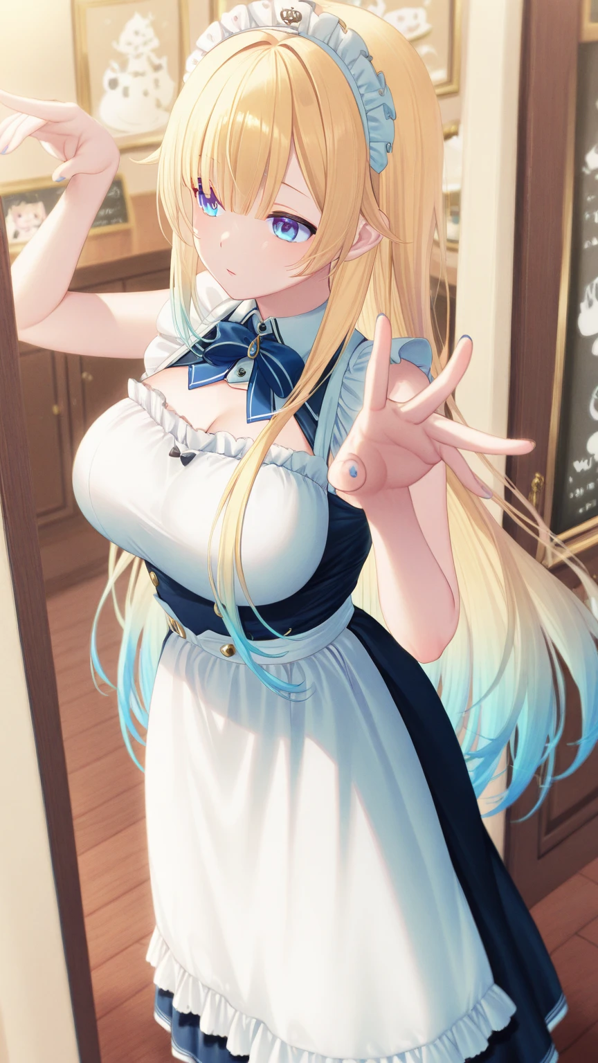 (masterpiece, best quality:1.2), 1girl, solo, blond hair, blue hairband, blue hair ribbon on the left, white-blue bra, black gloves, knight skirt, gray background