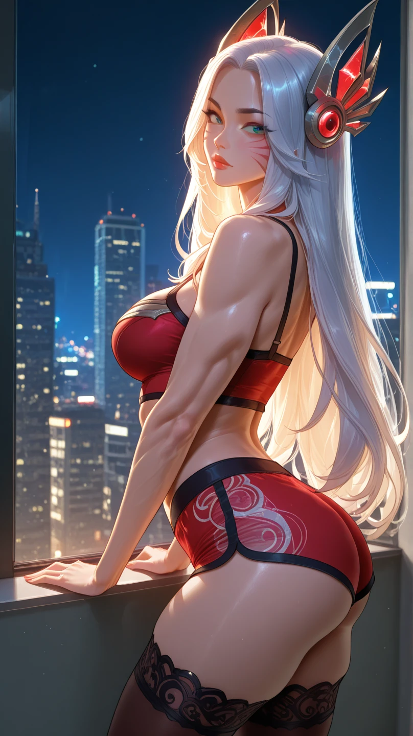 masterpiece, best quality, shadows, dynamic angle, perfect hands, perfect legs, perfect anatomy, pretty face, mature features, 1 girl, 21 years old, mature woman, sexy red dress, city night background, white long hair, thighs, ass, breast, seductive, spicy, posing, cinematography lights, NSFW,