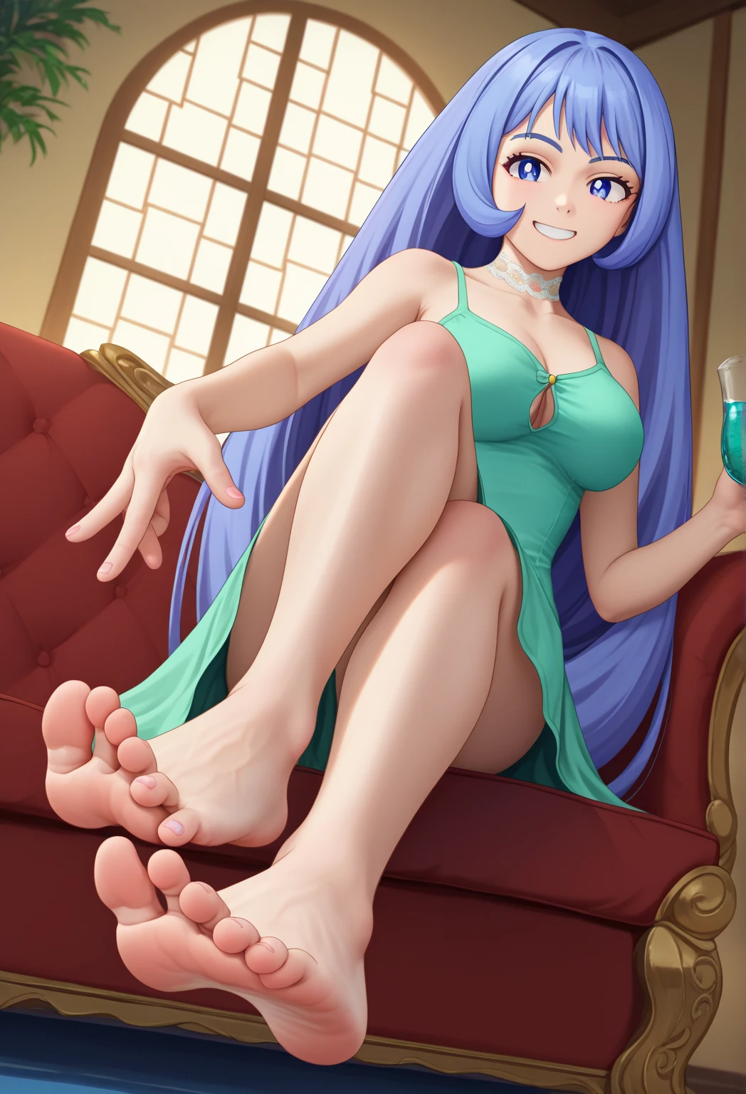 Solo, score_9,score_8_up,score_7_up, source_furry, carmelita fox, indoors, black lacy bra, black thong, sitting on a chair, legs crossed, foot focus, arms crossed, grinning, low angle shot, 5 toes, black toe claws