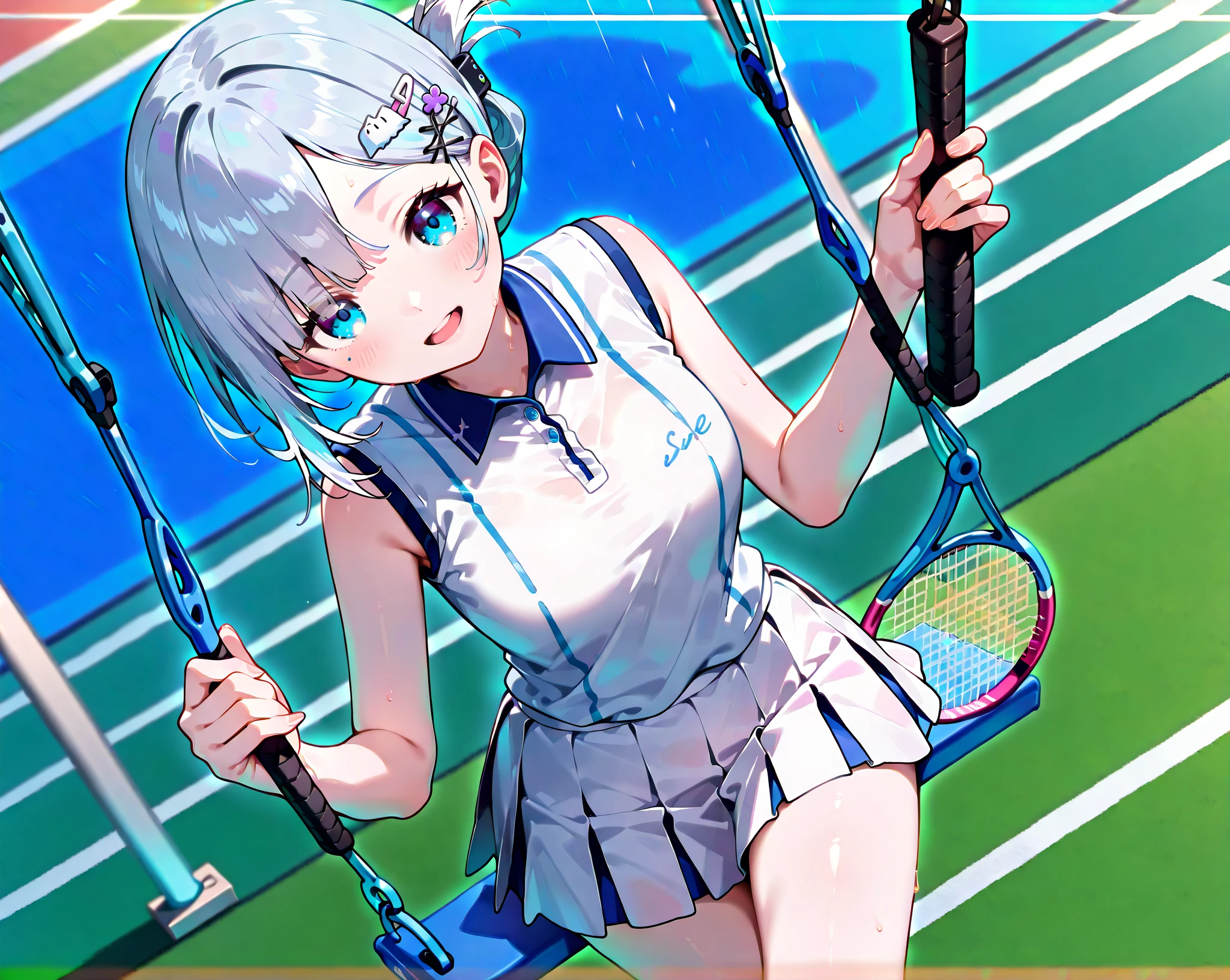1 girl, cute, young, white hair, twintail, blue eyes, tennis wear, thigh high,