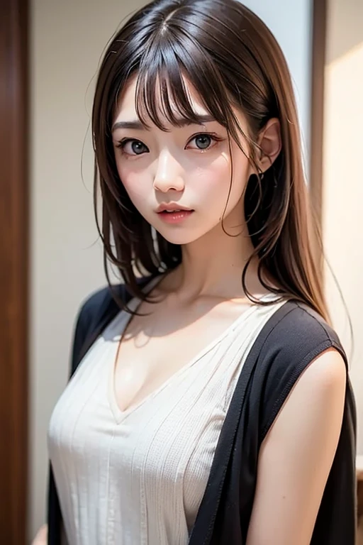 8K quality、High resolution、Realistic skin texture、High resolutionの瞳、woman、Japanese Summer Office Lady、Sleeveless knit shirt、Princess Hair、thin、、Small breasts、Small breastsの谷間、Brown Hair、thin脚、big、Sweat accumulates in the chest、Rooftop、Brush your hair up