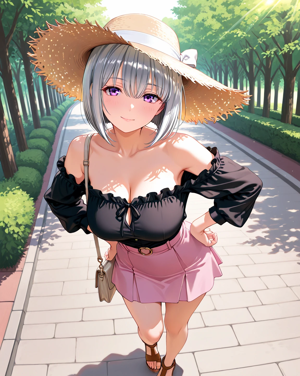nsfw, ((masterpiece)), ((Best Quality)), (ultra-detailed), ((extremely detailed)), 4K, (8K), best quality, top-quality, anime style, (From above), 1girl, solo, The most detailed skin, (thick lines:1.2), One-shoulder frill top, Layered tulle skirt (semi-transparent and slightly short), Anklets with frills, Wedge sandals, //, (large breasts), (Slender legs), breasts falling aside, Perfect eyes, Perfect iris, //, (sexual expression), smile, blush, //, Side ponytail hair style, Silver hair color, (beautiful eyes), pink-skinned, //,Entrance of a park, trees and flowers, with people passing by in the background