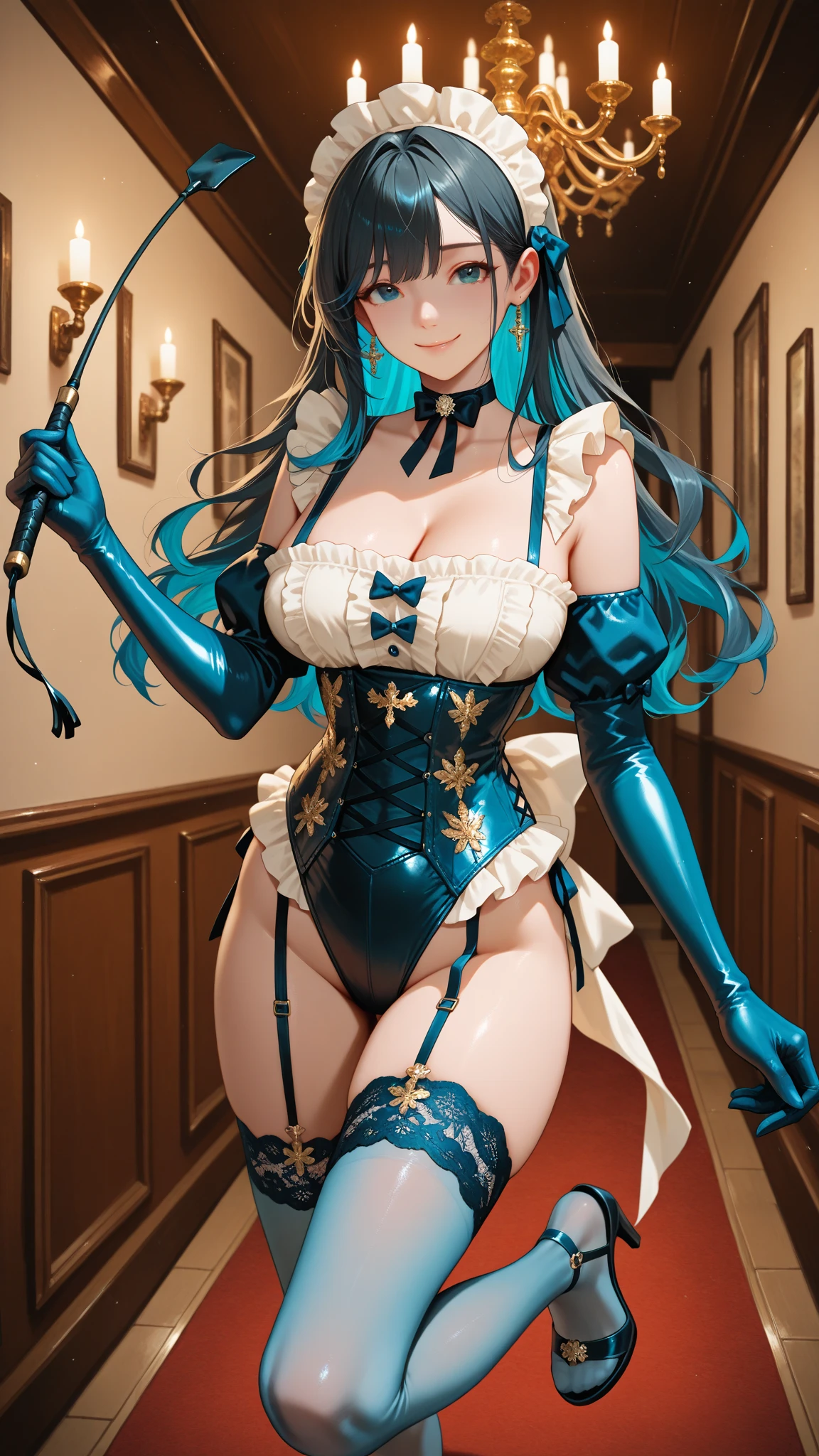 Intricate details: "((a sexy animated lady poses in revealing clothes while in fire-lit fantasy setting, breasts, 1girl 18 years old, animal ears, short hair, panties, black panties, underwear, cat ears, looking at viewer, thighhighs, cleavage, corset, blue hair, string panties)"