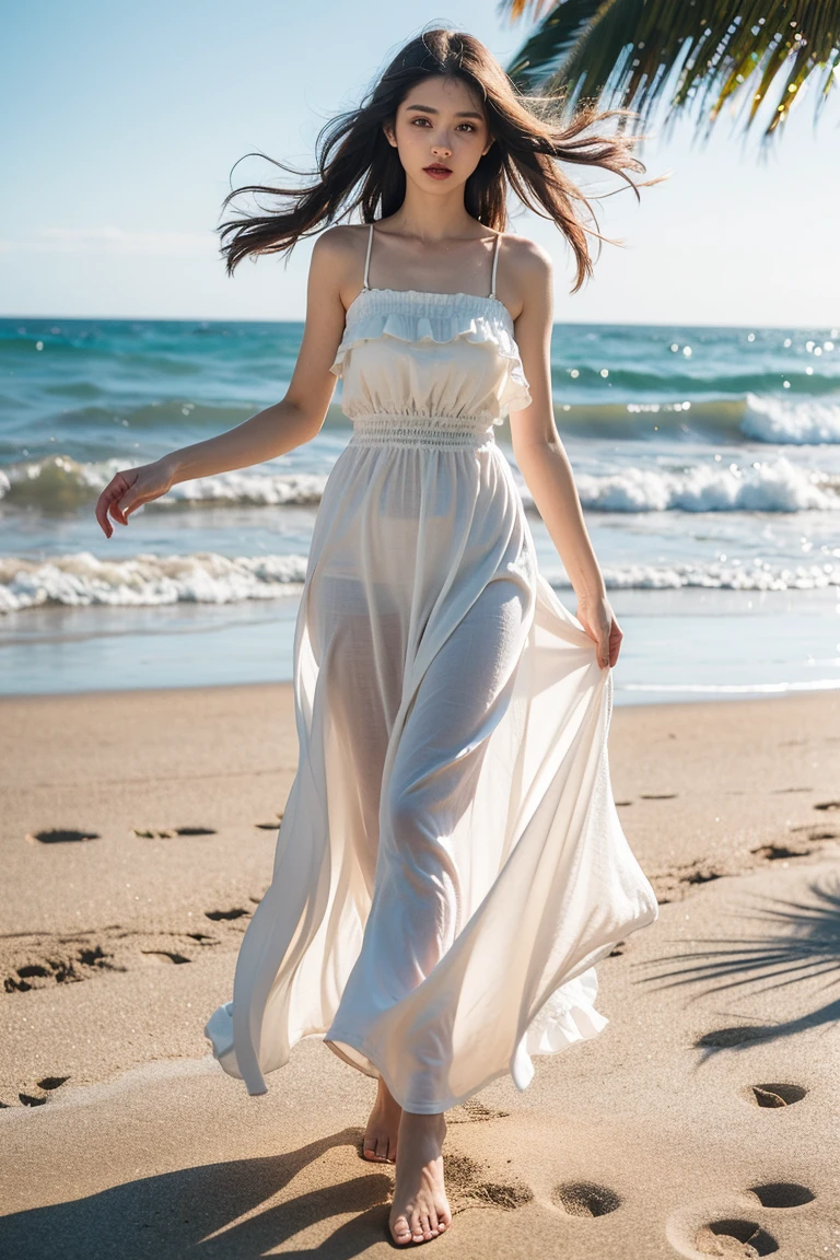 Long-haired girl, barefoot, white dress long dress, blue sky, sea, back, back, faceless, real photo, full body photo, long view photo